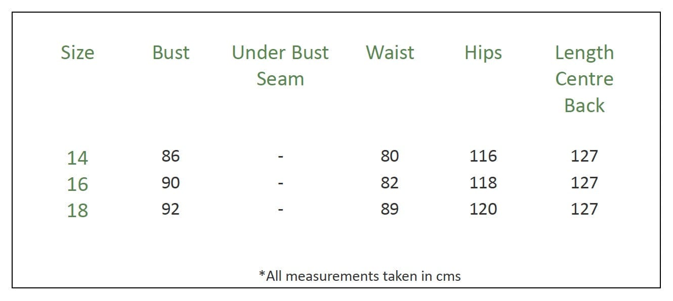 Dusty blue chiffon, pleated cross-over bodice, skirt cascades from waist seam. Fully lined, with ruffled sleeves and asymmetrical hemline. Centre back zip. Size Chart.