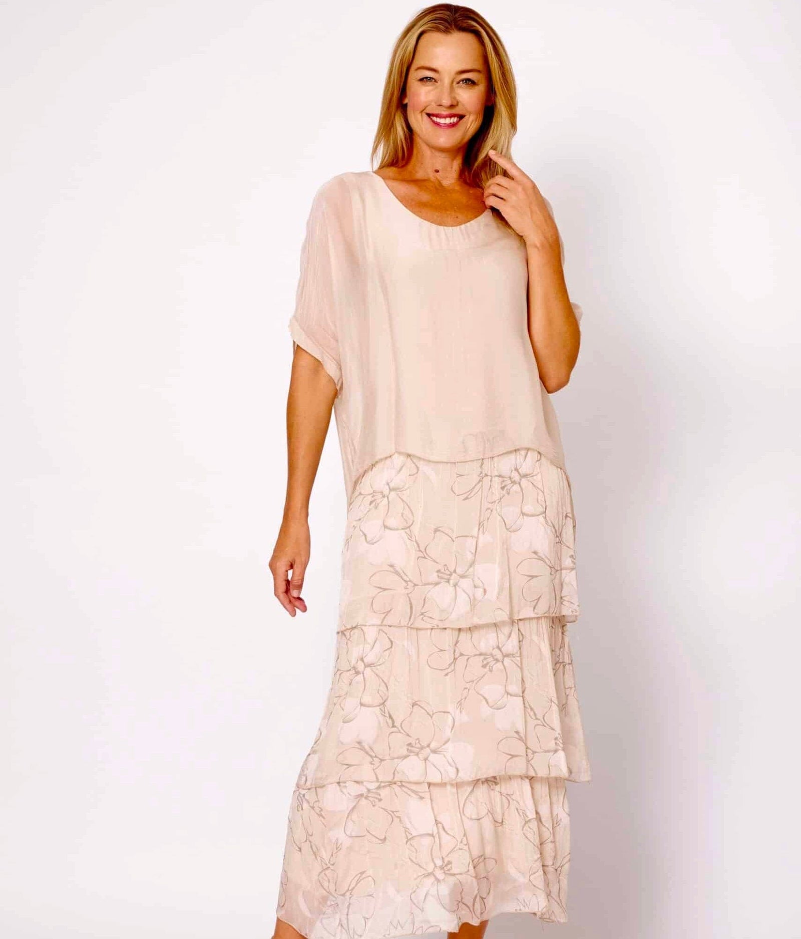 Lois & Co Mid Length Dress Champagne Patterned Tiers with Plain Top Champagne Patterned Tiers with Plain Top