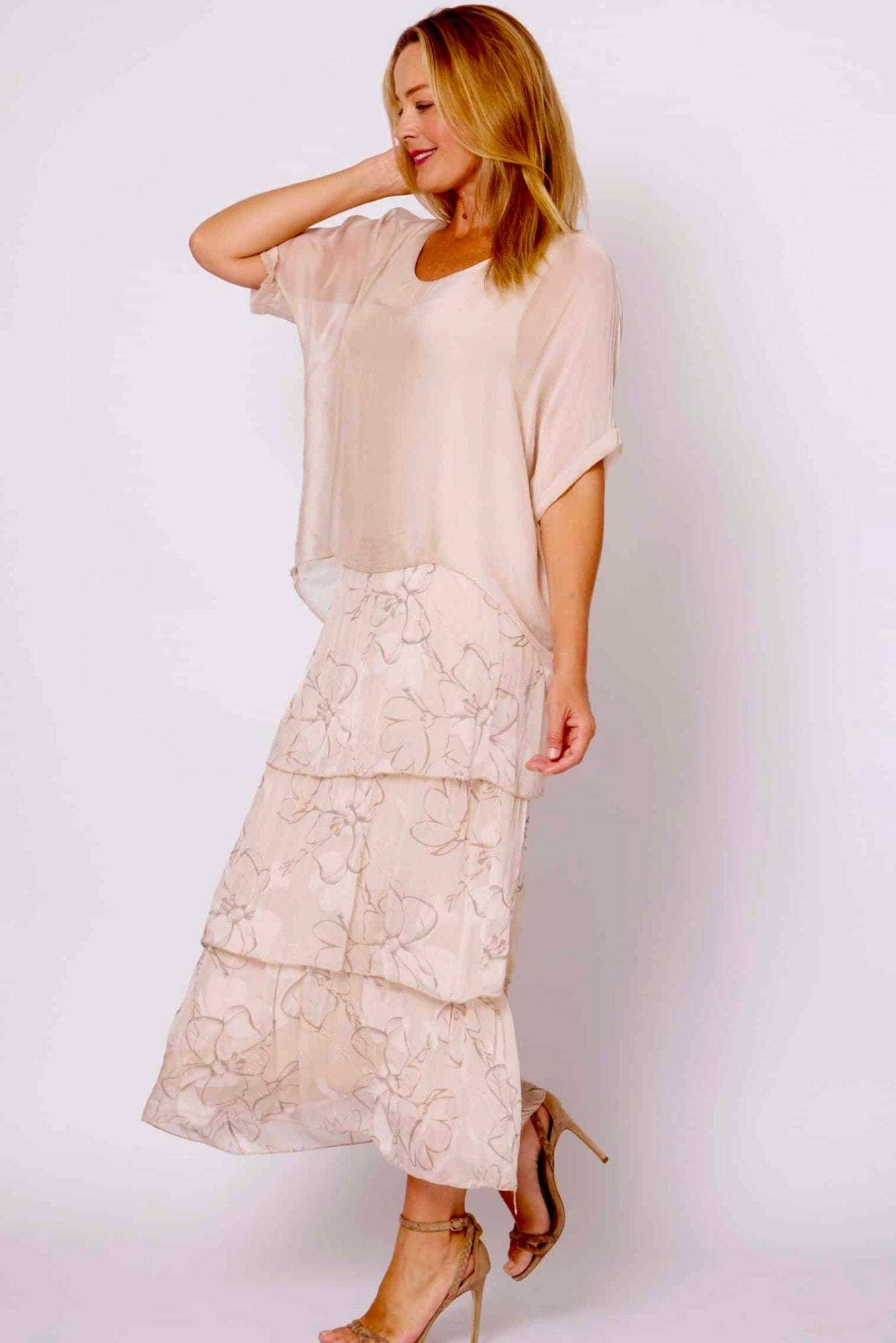 Lois & Co Mid Length Dress Champagne Patterned Tiers with Plain Top Champagne Patterned Tiers with Plain Top