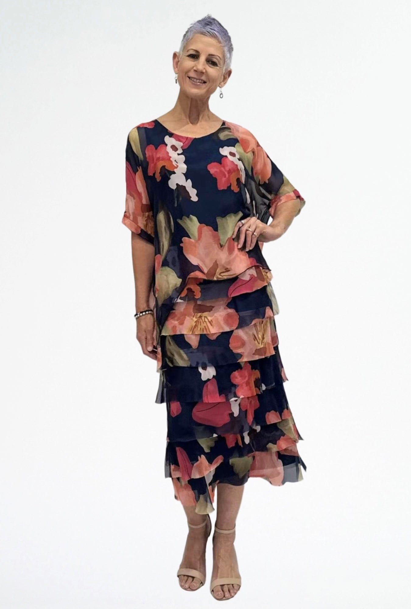 Lois & Co Mid Length Dress Navy and Coral Floral Tiered Italian Silk Navy and Coral Floral Tiered Italian Silk