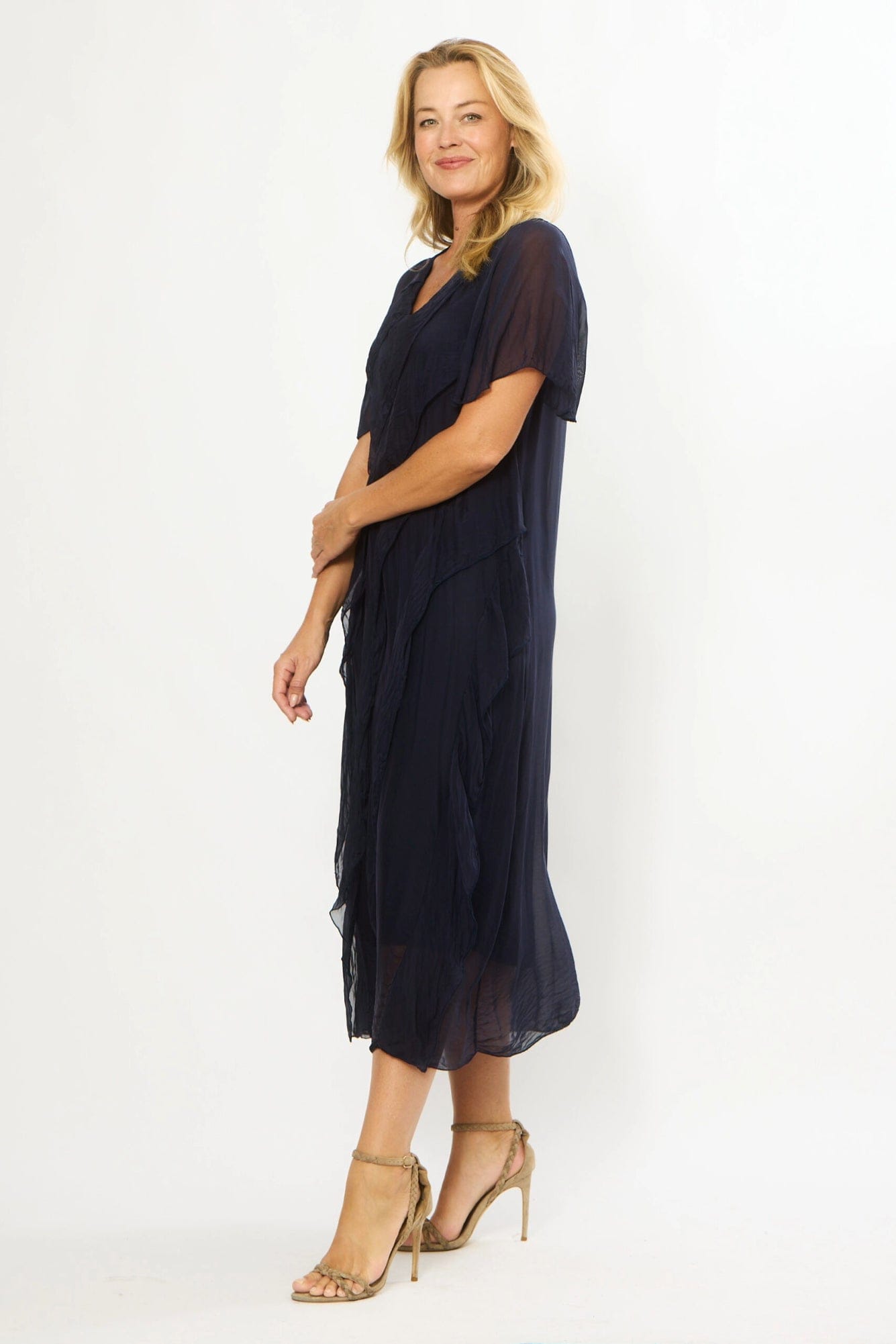 Lois & Co Mid Length Dress Navy Italian Silk Asymmetrical Multi Frill Dress Navy Italian Silk Asymmetrical Multi Frill Dress