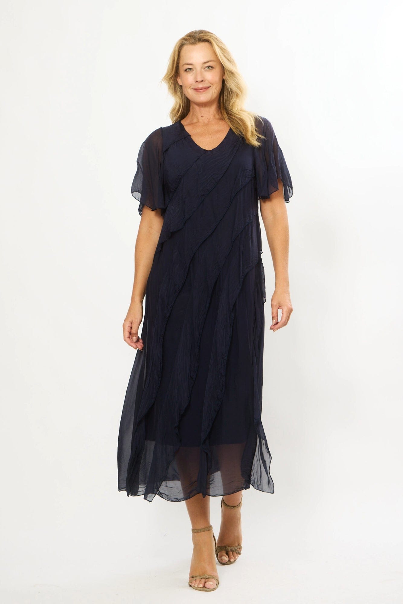 Lois & Co Mid Length Dress Navy Italian Silk Asymmetrical Multi Frill Dress Navy Italian Silk Asymmetrical Multi Frill Dress