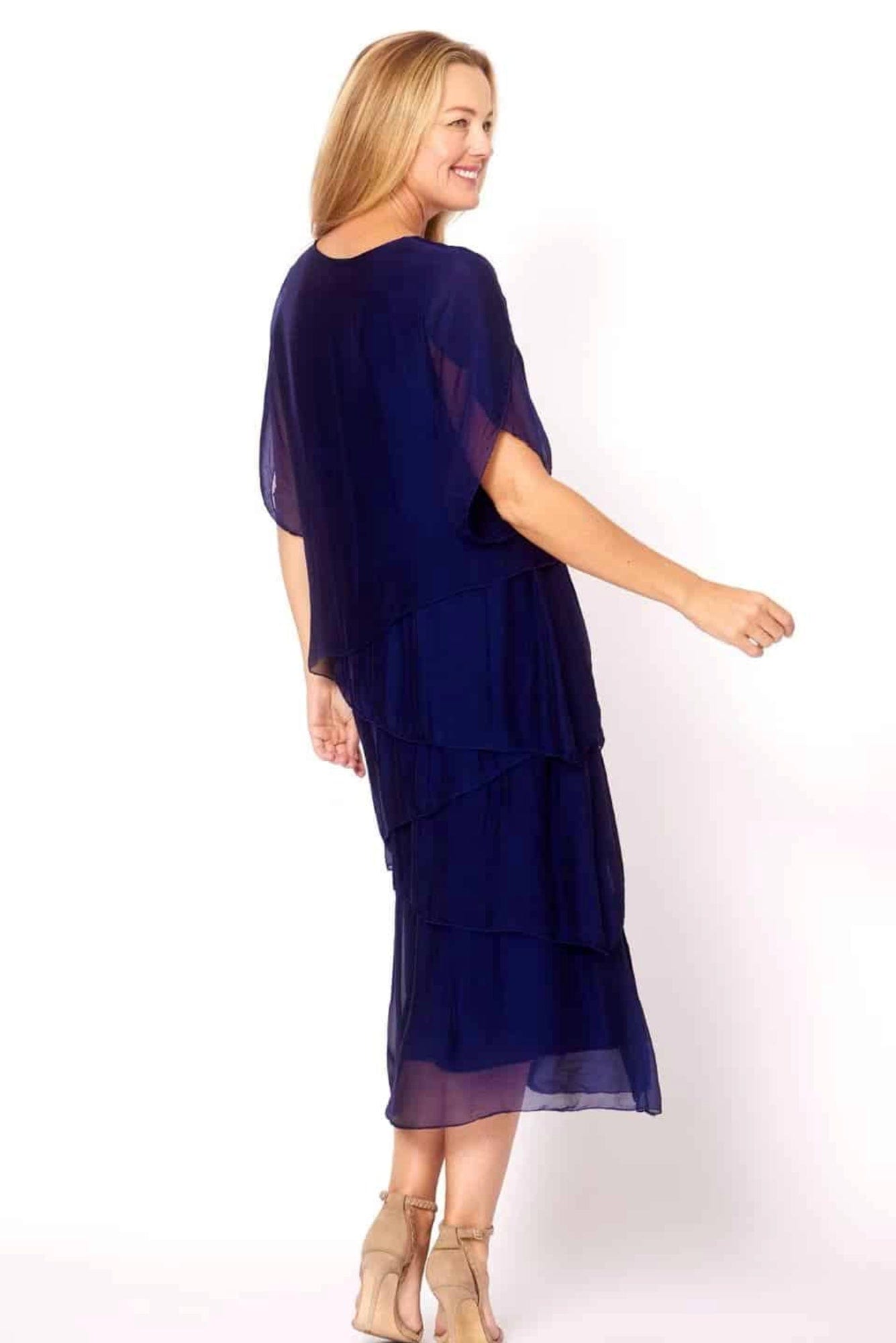 Lois & Co Mid Length Dress Navy Italian Silk Asymmetrical Tiers Navy Italian Silk Asymmetrical Tiers