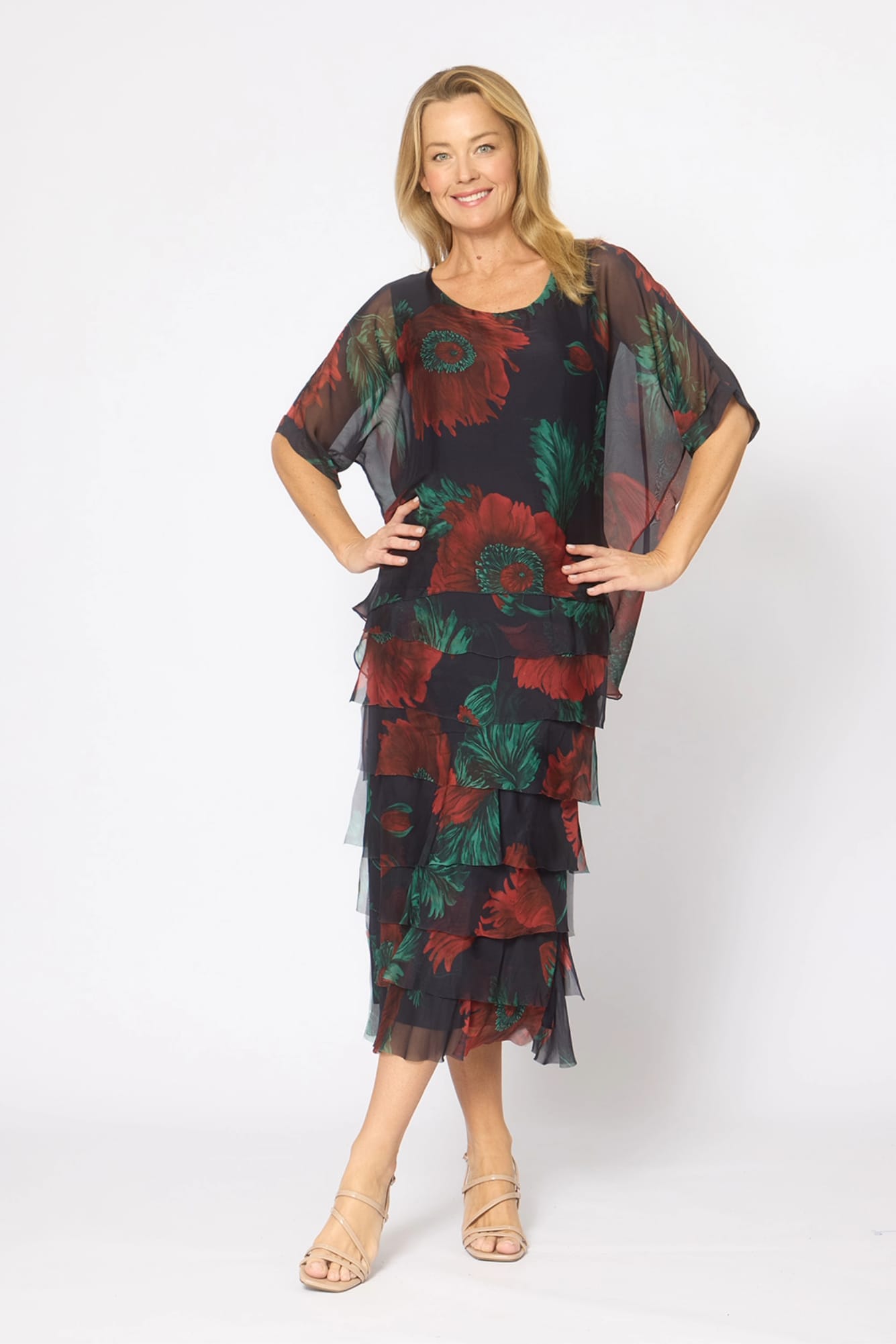 Lois & Co Mid Length Dress Navy with Red and Green Floral Silk Navy with Red and Green Floral Silk