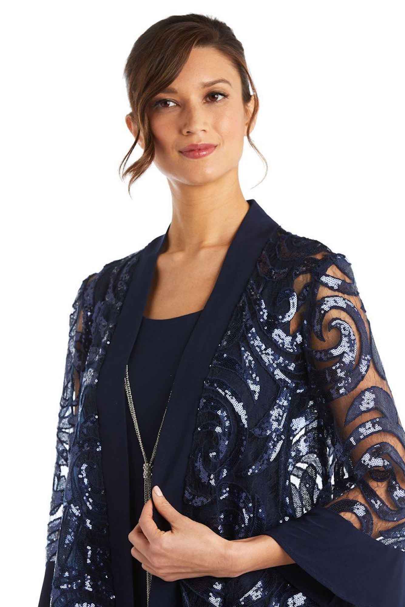 Lois & Co Navy Knit Dress with Matching Embellished Waterfall Jacket. Front Close.