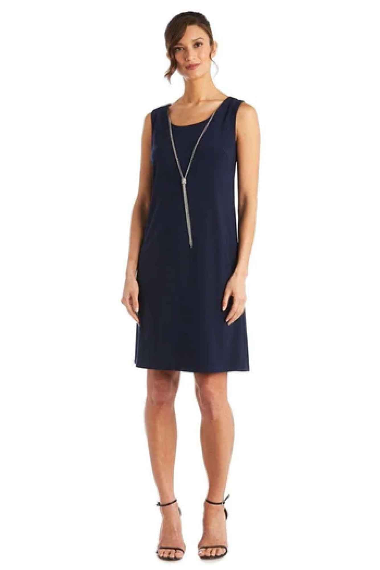 Lois & Co Navy Knit Dress with Matching Embellished Waterfall Jacket. Dress front view.