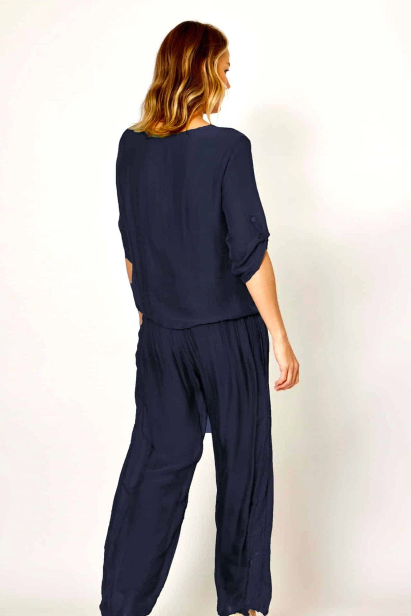 Lois & Co Navy Silk Pants and Tie Front Detail Top