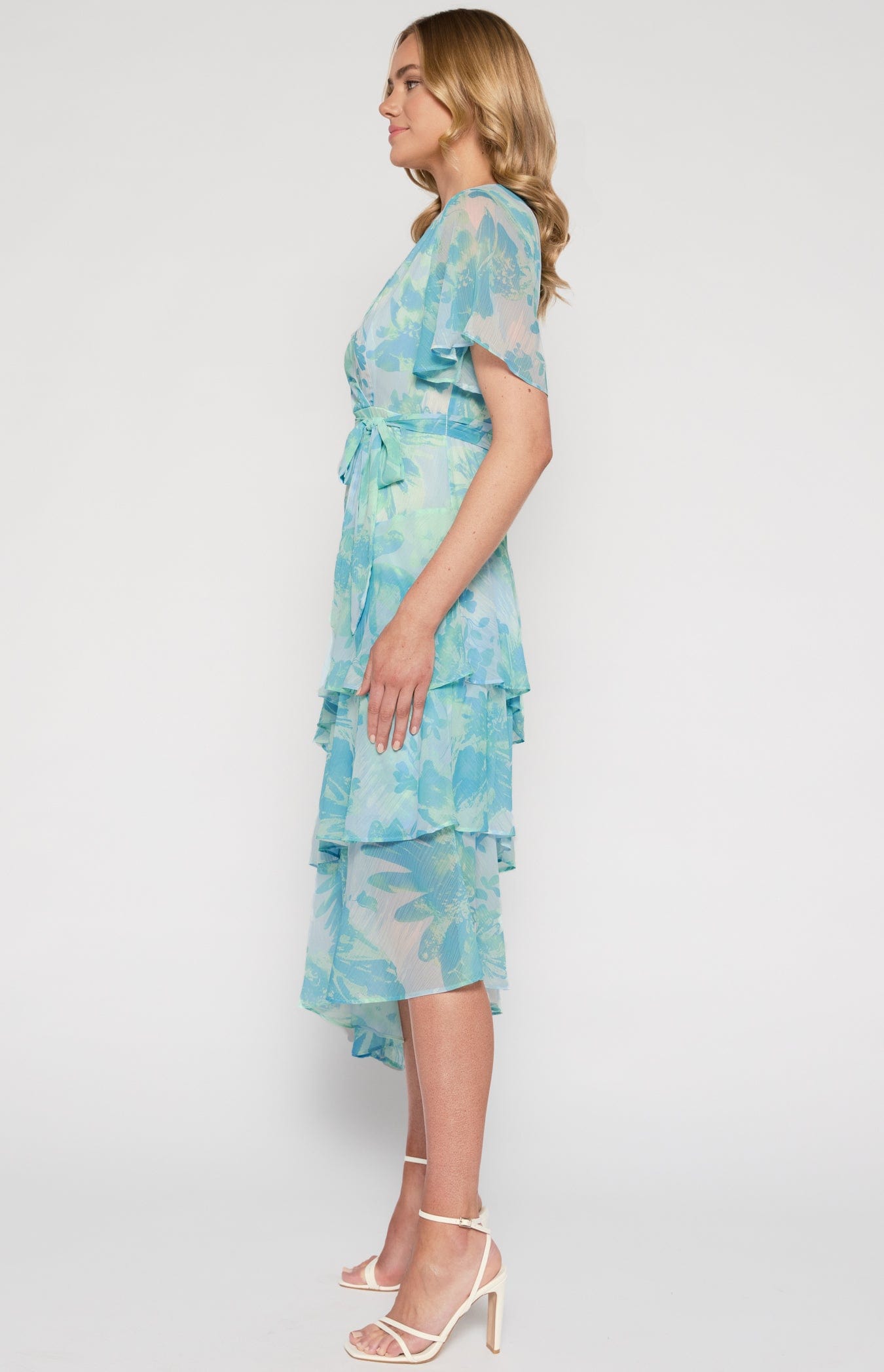 Lois & Co Cocktail Length Dress Chiffon Print Tiered Waterfall Hemline