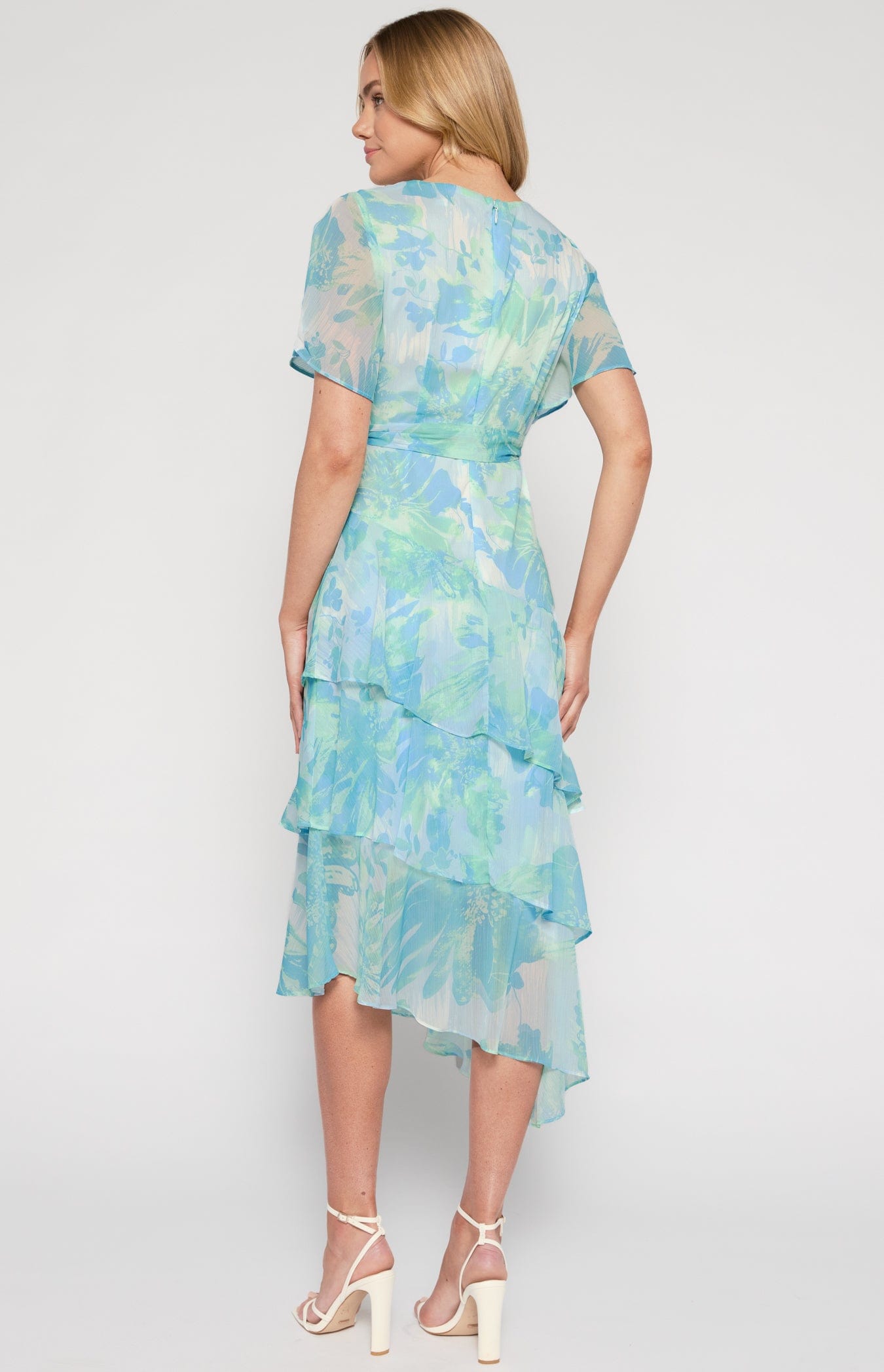 Lois & Co Cocktail Length Dress Chiffon Print Tiered Waterfall Hemline