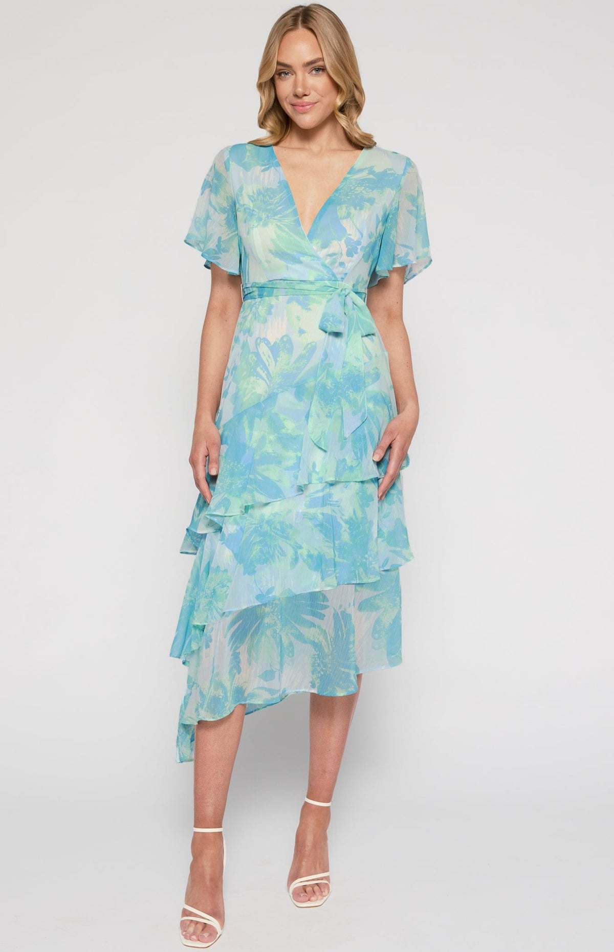 Lois &amp; Co Cocktail Length Dress Chiffon Print Tiered Waterfall Hemline