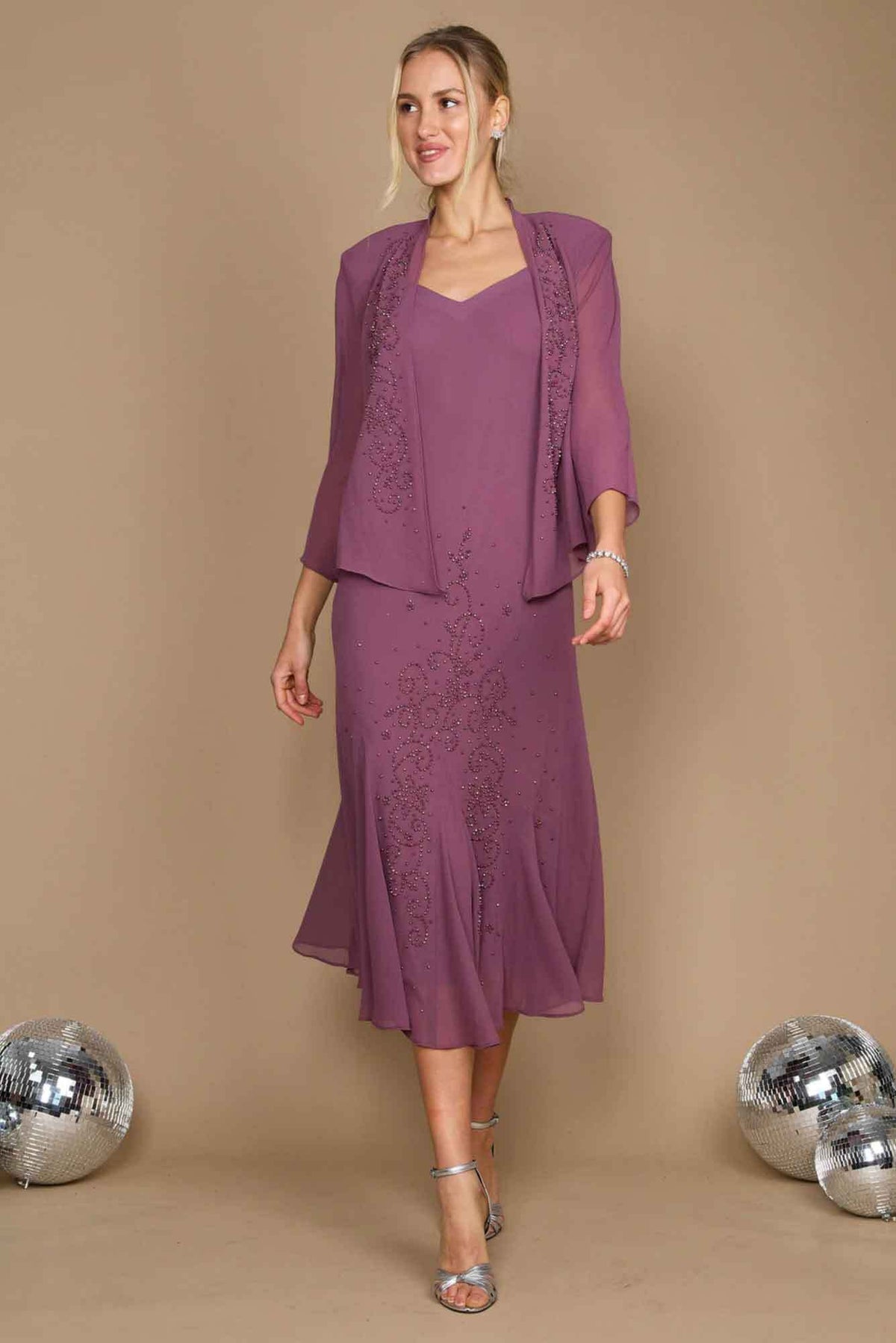 Lois &amp; Co Cocktail Length Dress Sequinned Long Formal with Matching Jacket in Dark Rose