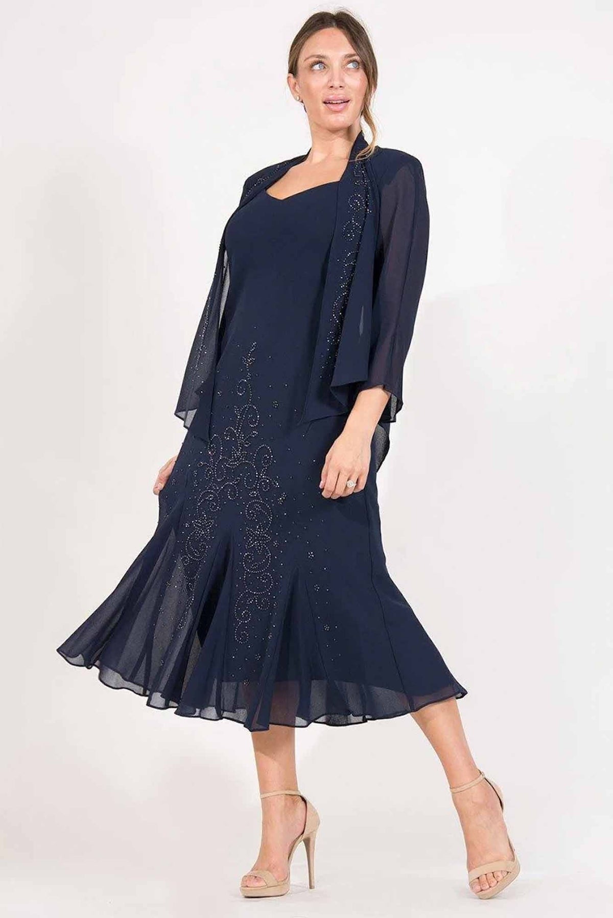 Lois &amp; Co Cocktail Length Dress Sequinned Long Formal with Matching Jacket in Navy