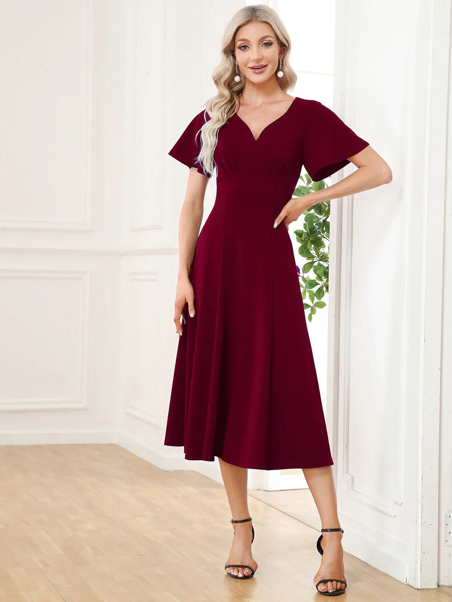 Lois &amp; Co Cocktail Length Dress Sophisticated A-line V Neck - Burgundy