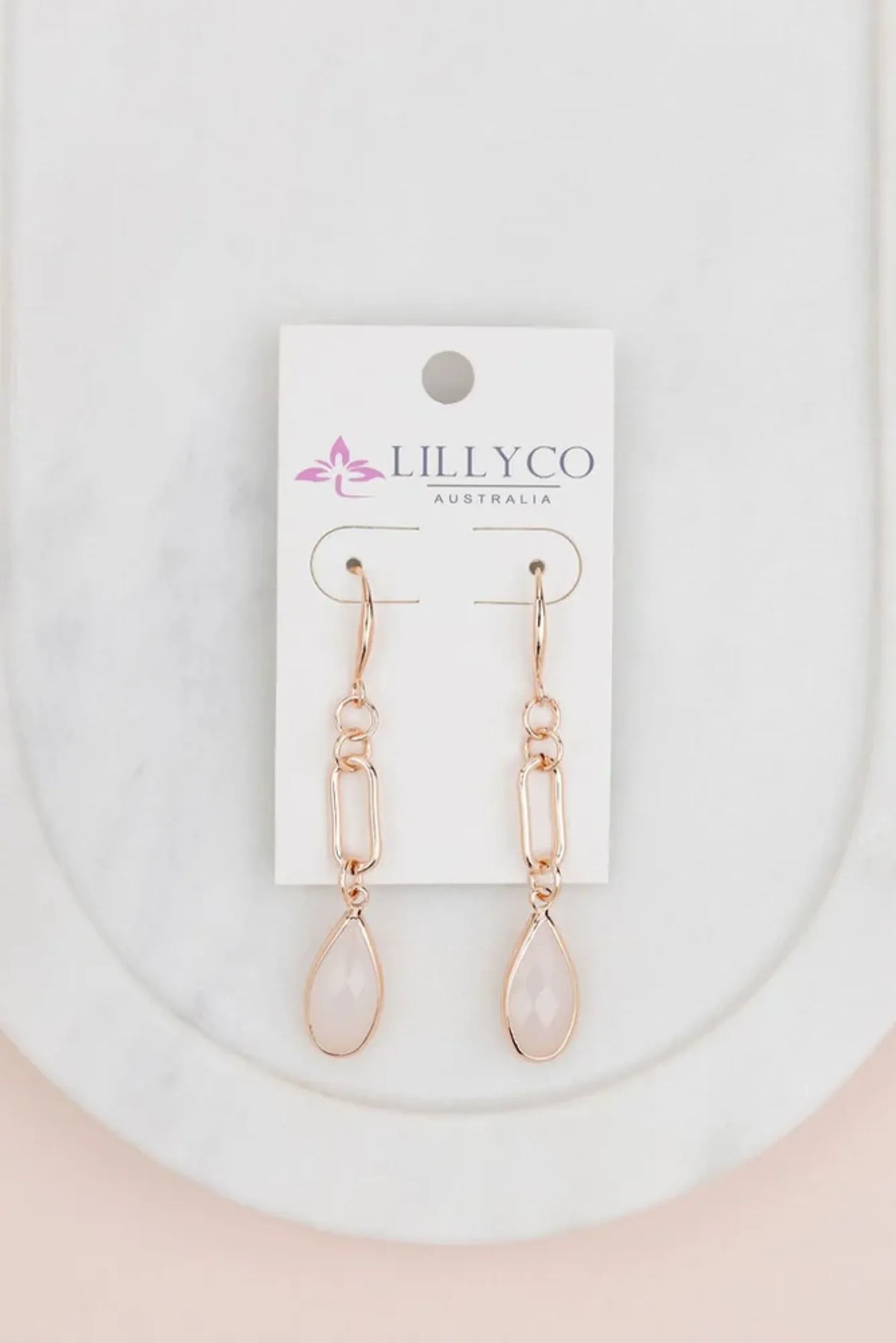 Lois &amp; Co Earrings Fish hook Rose Gold Link White Quartz Earrings by LillyCo Rose Gold Link White Quartz Earrings by LillyCo