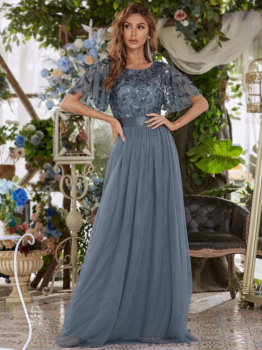 Lois &amp; Co Full Length Dress Sequinned Floor Length Evening Dress in Dusty Blue