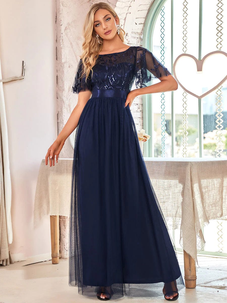 Sequinned Floor Length Evening Dress in Navy Blue Lois Co