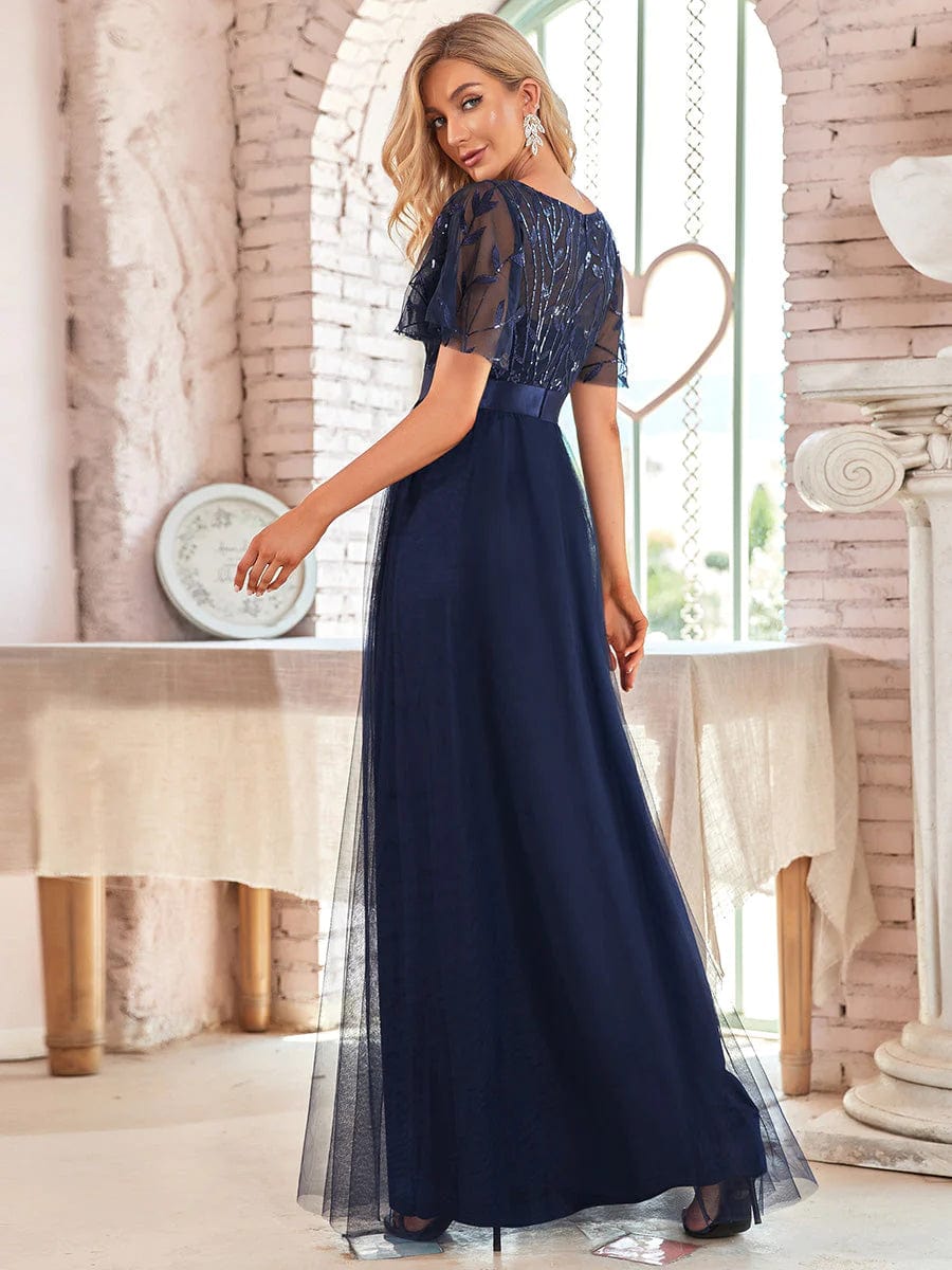 Lois & Co Full Length Dress Sequinned Floor Length Evening Dress in Navy Blue