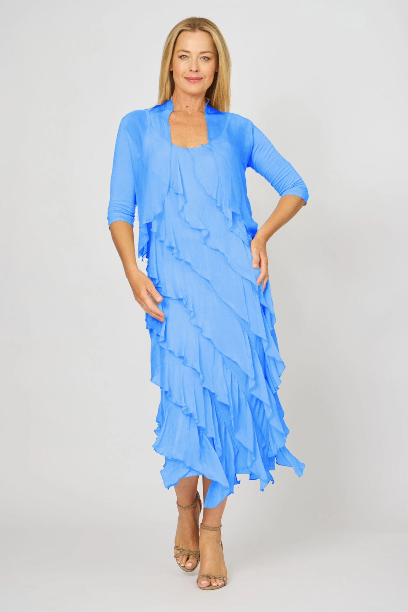 Lois & Co Maxi Length Dress Blue Ruffled Silk Luxury with Matching Cardy Cover Up Blue Ruffled Silk Luxury with Matching Cardy Cover Up