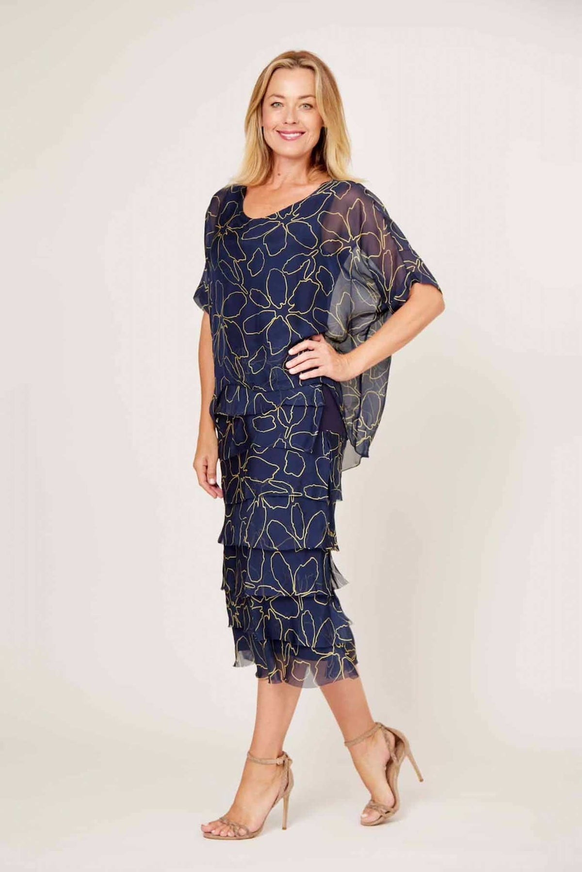 Lois &amp; Co Maxi Length Dress Elegant Navy and Gold Patterned Italian Silk Dress_Side View