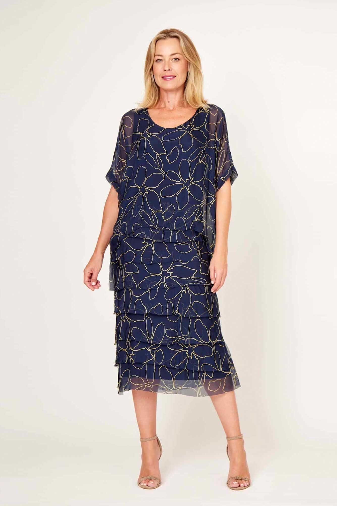 Lois & Co Maxi Length Dress Elegant Navy and Gold Patterned Italian Silk Dress_Side View