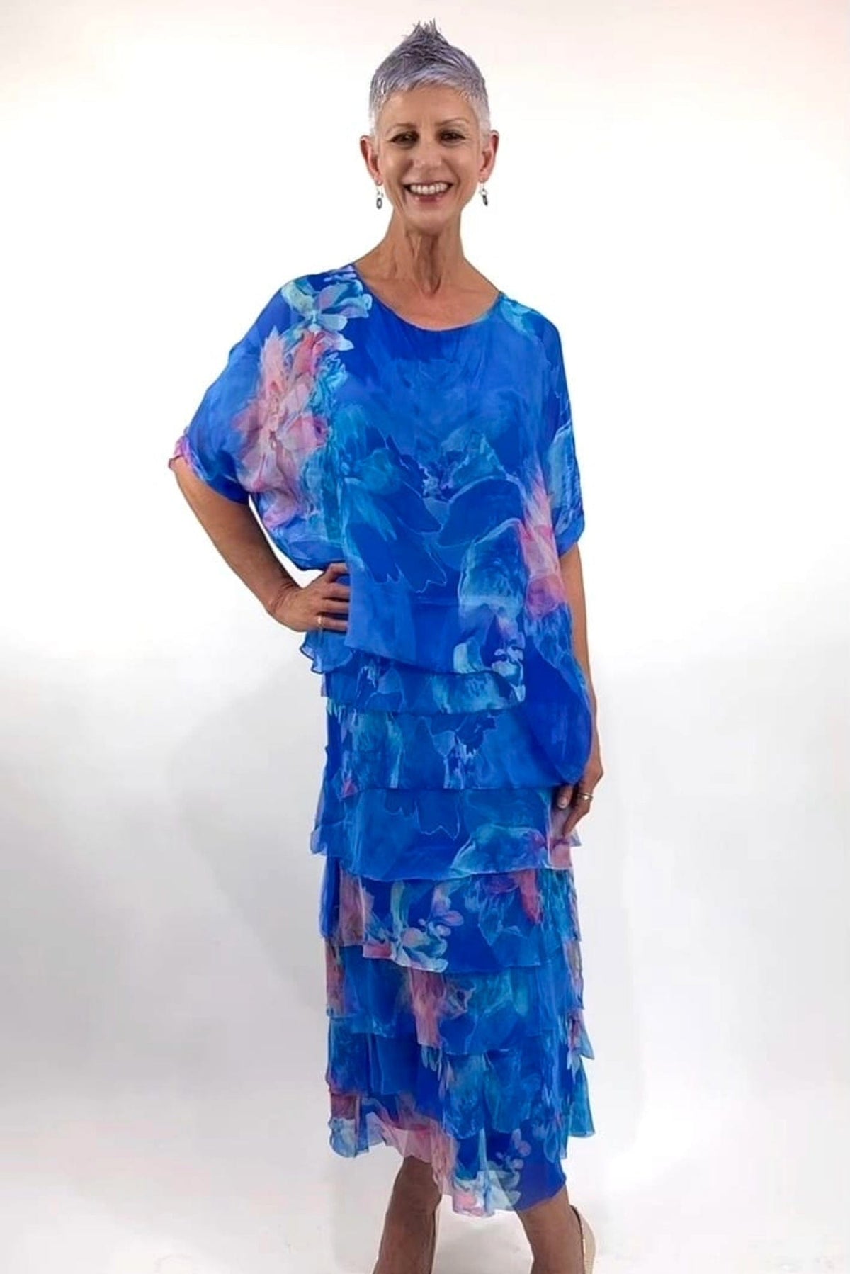 Lois &amp; Co Maxi Length Dress Pink and Cobalt Multi-Layer Silk Pink and Cobalt Multi-Layer Silk