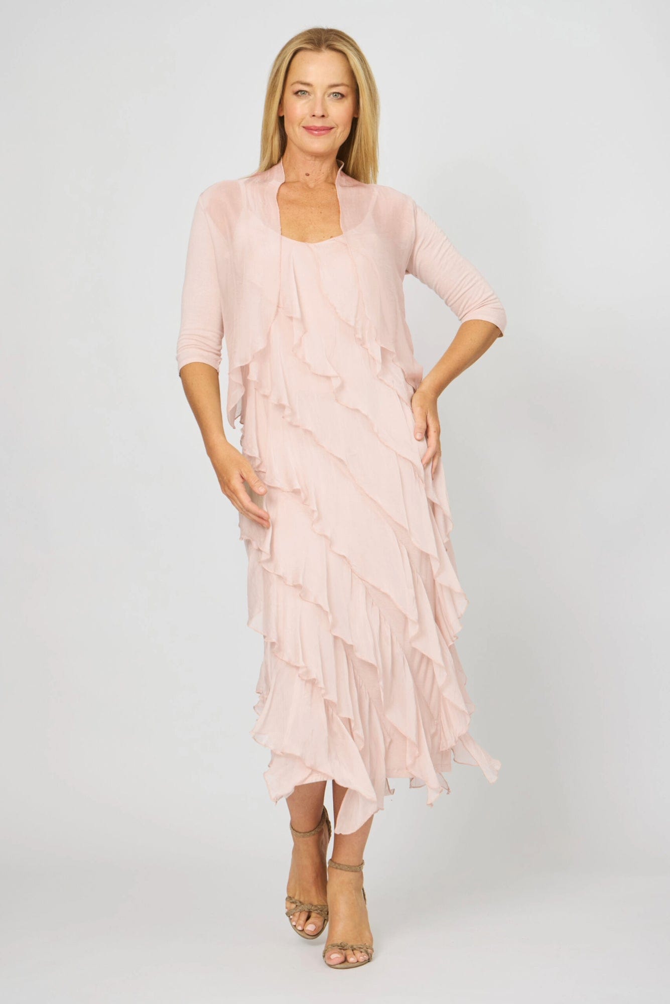 Lois & Co Maxi Length Dress Ruffled Silk Luxury with Matching Cardy Cover-Up Ruffled Silk Luxury with Matching Cardy Cover-Up