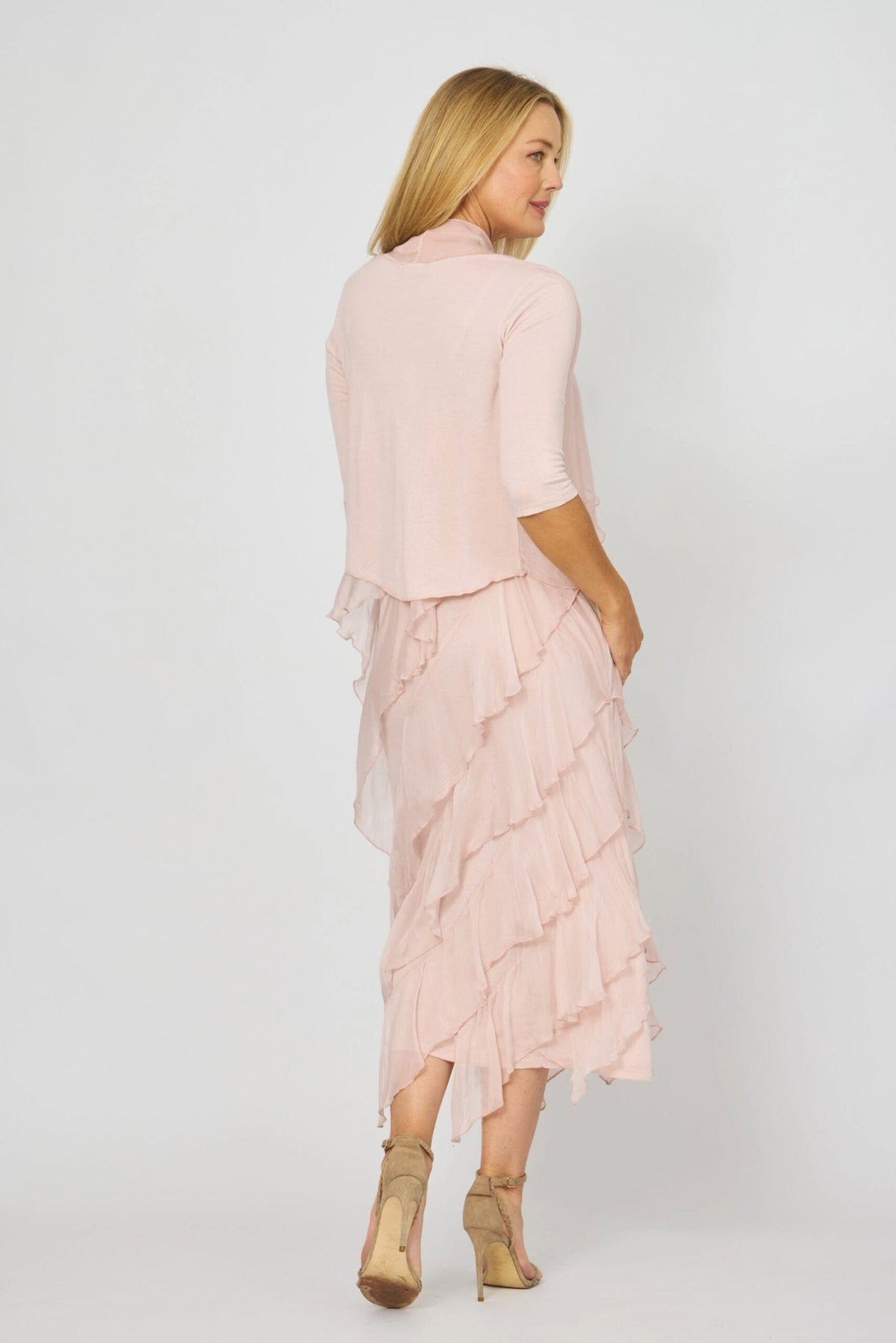 Lois & Co Maxi Length Dress Ruffled Silk Luxury with Matching Cardy Cover-Up Ruffled Silk Luxury with Matching Cardy Cover-Up