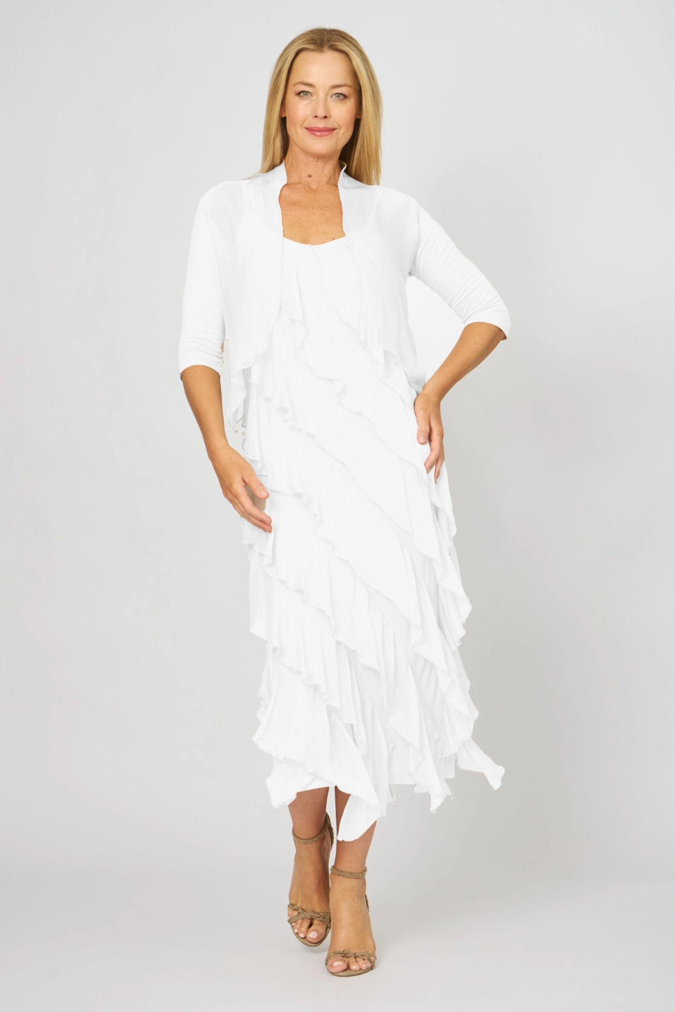 Lois & Co Maxi Length Dress Ruffled Silk Luxury with Matching Cardy Cover-Up Ruffled Silk Luxury with Matching Cardy Cover-Up