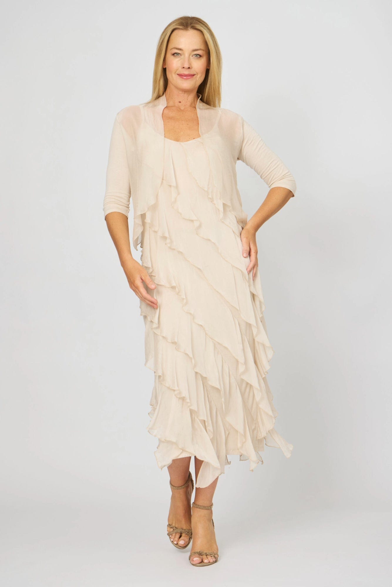 Lois & Co Maxi Length Dress Ruffled Silk Luxury with Matching Cardy Cover-Up Ruffled Silk Luxury with Matching Cardy Cover-Up