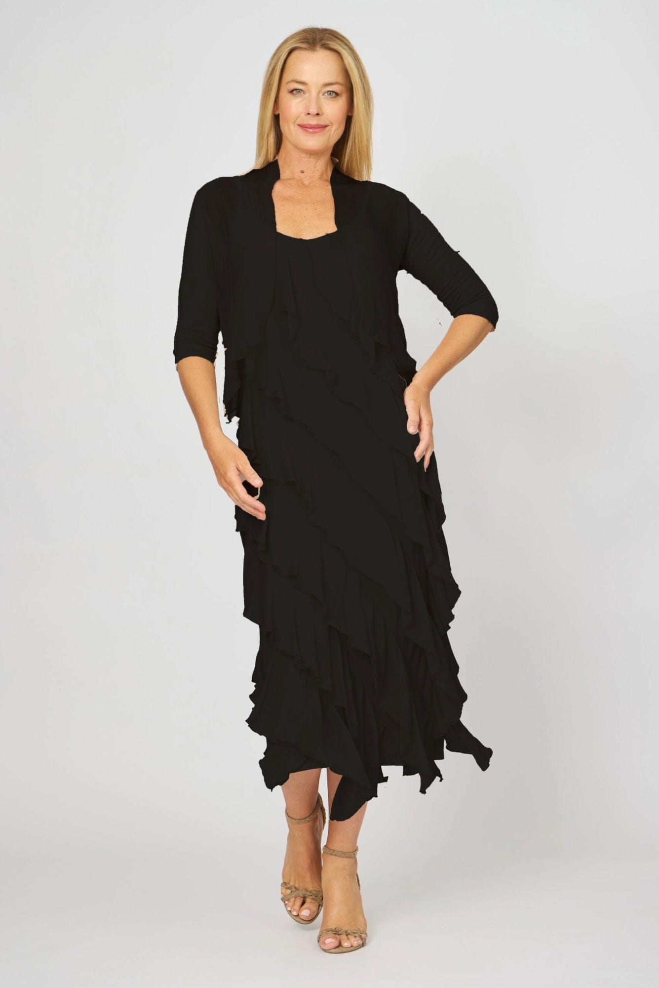 Lois & Co Maxi Length Dress Ruffled Silk Luxury with Matching Cardy Cover-Up Ruffled Silk Luxury with Matching Cardy Cover-Up