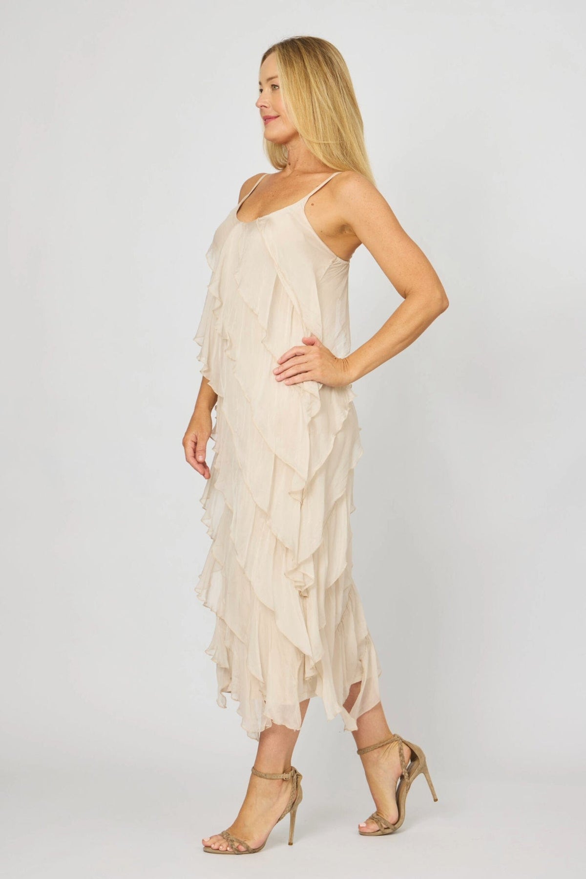 Lois & Co Maxi Length Dress Ruffled Silk Luxury with Matching Cardy Cover-Up Ruffled Silk Luxury with Matching Cardy Cover-Up