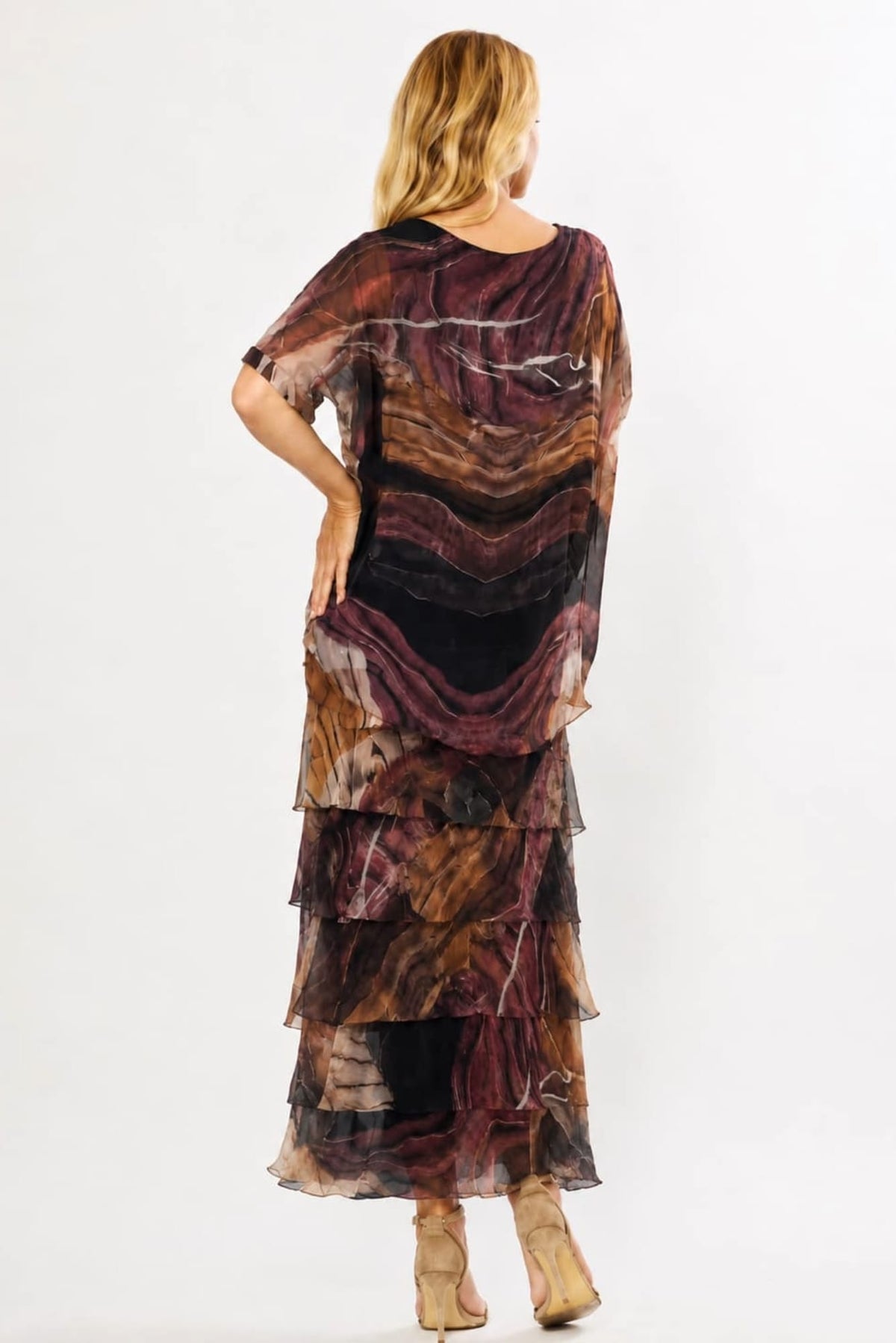 Lois & Co Mid Length Dress Black and Ochre Patterned Tiered Italian Silk Black and Ochre Patterned Tiered Italian Silk