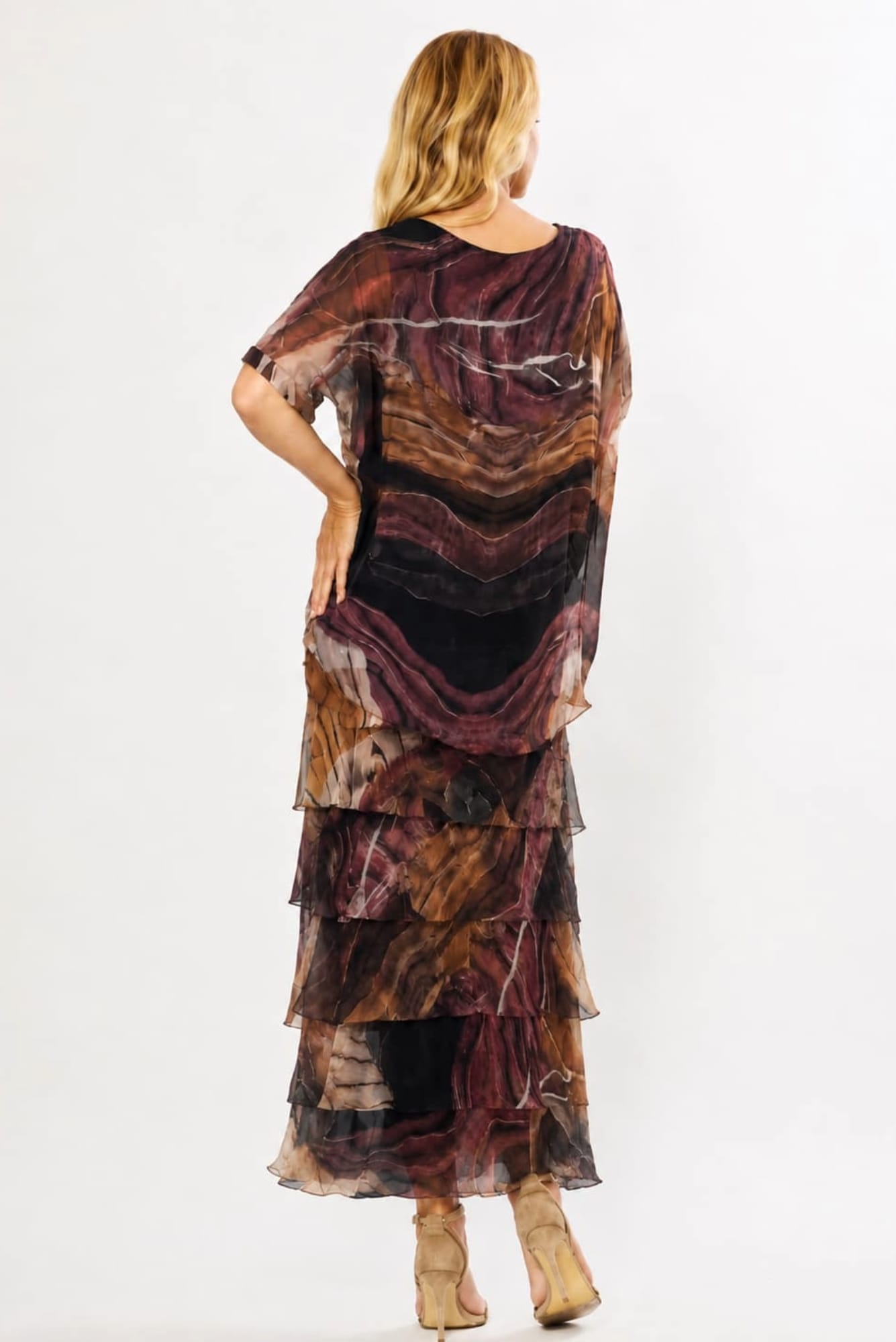 Lois & Co Mid Length Dress Black and Ochre Patterned Tiered Italian Silk Black and Ochre Patterned Tiered Italian Silk
