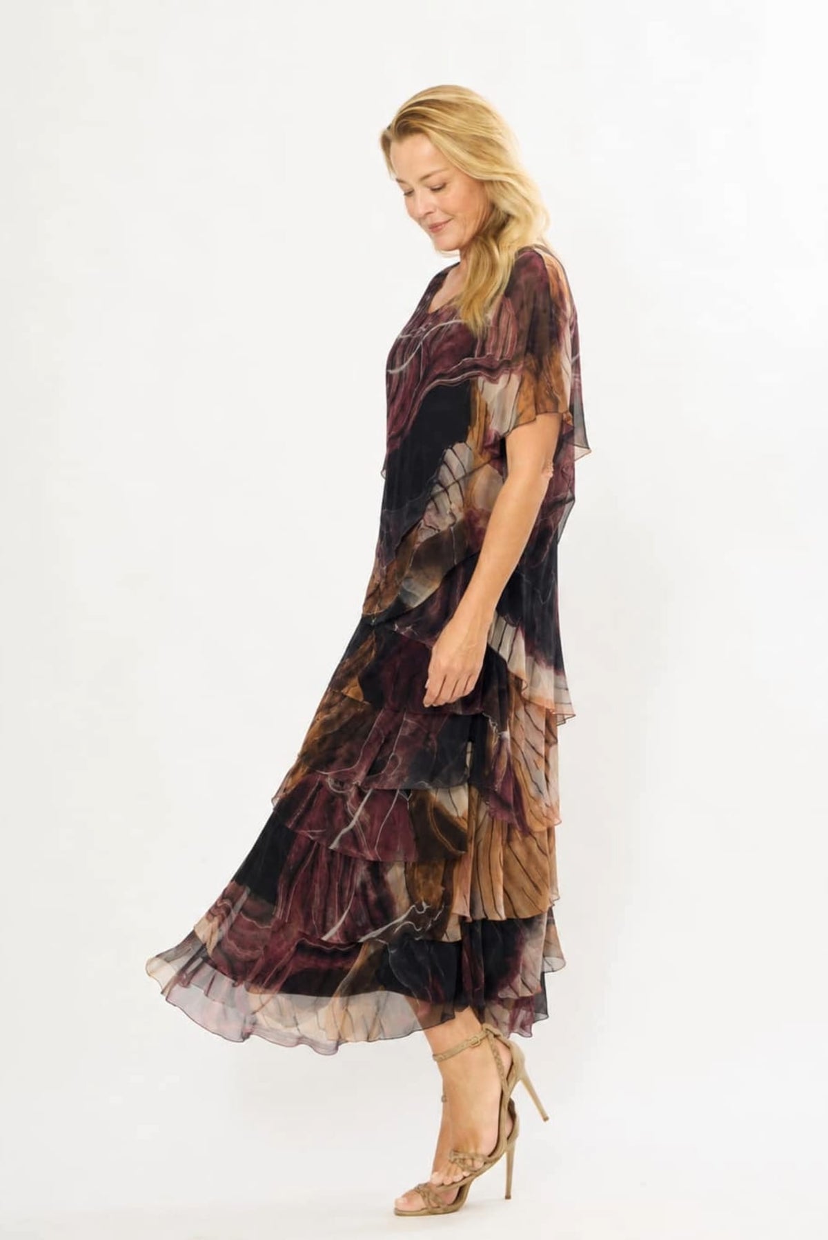 Lois & Co Mid Length Dress Black and Ochre Patterned Tiered Italian Silk Black and Ochre Patterned Tiered Italian Silk