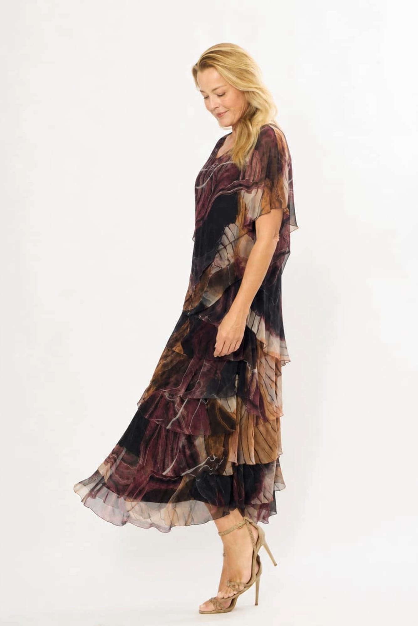 Lois & Co Mid Length Dress Black and Ochre Patterned Tiered Italian Silk Black and Ochre Patterned Tiered Italian Silk