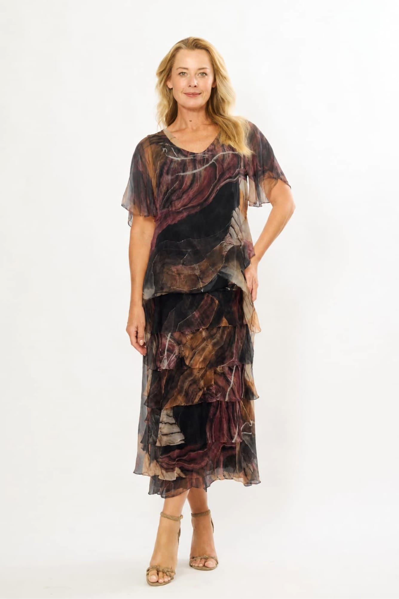 Lois & Co Mid Length Dress Black and Ochre Patterned Tiered Italian Silk Black and Ochre Patterned Tiered Italian Silk