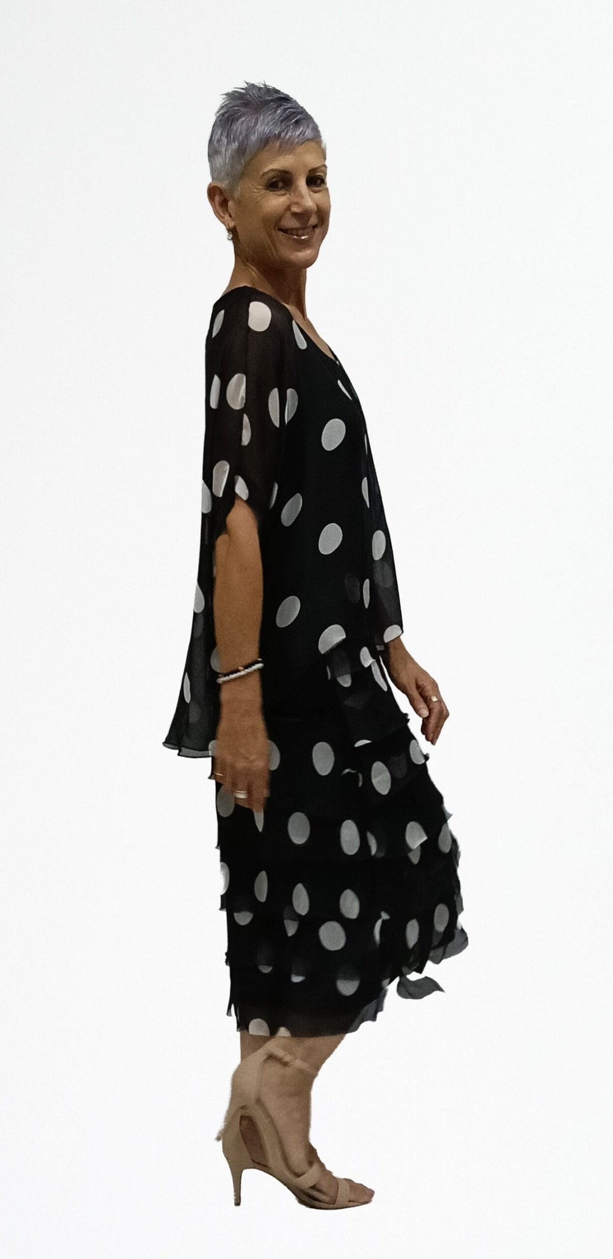 Lois & Co Mid Length Dress Black with White Dots Tiered Italian Silk Black with White Dots Tiered Italian Silk
