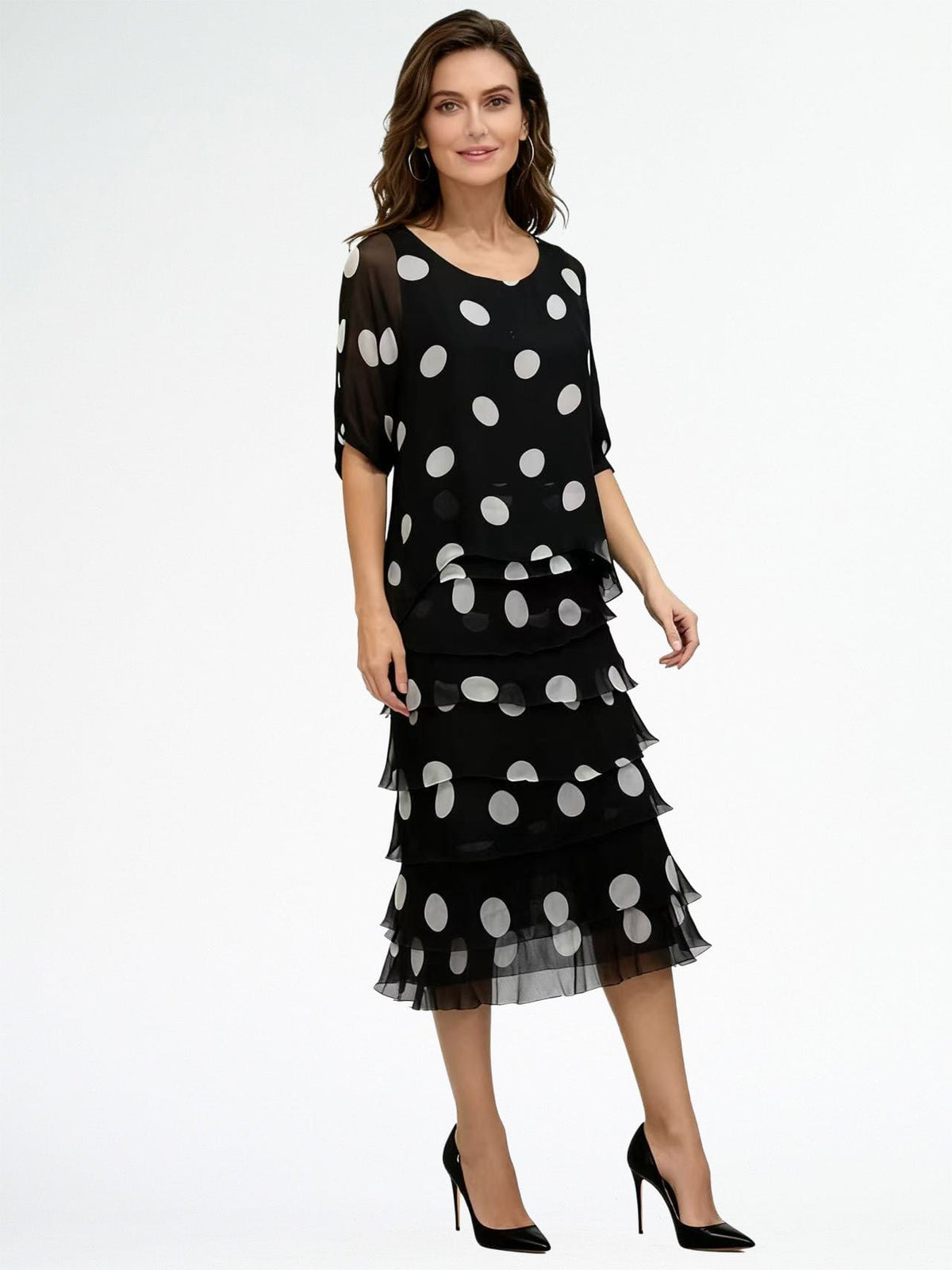 Lois &amp; Co Mid Length Dress Black with White Dots Tiered Italian Silk Black with White Dots Tiered Italian Silk