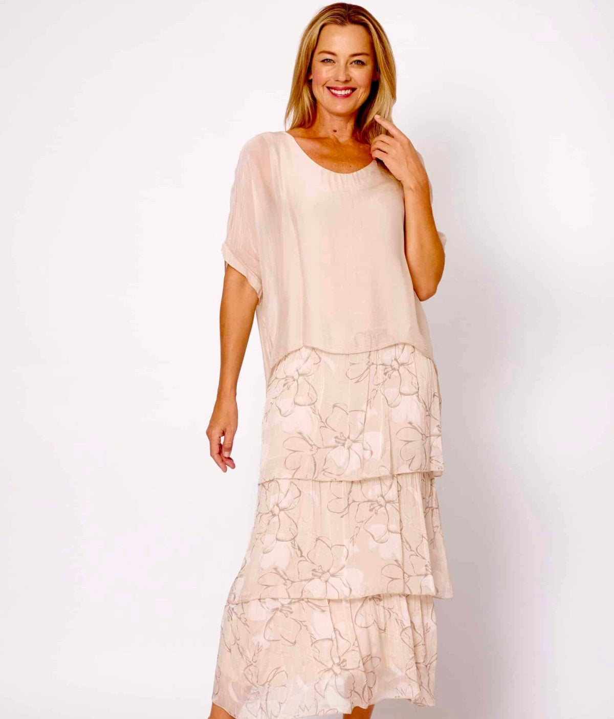 Lois & Co Mid Length Dress Champagne Patterned Tiers with Plain Top Champagne Patterned Tiers with Plain Top