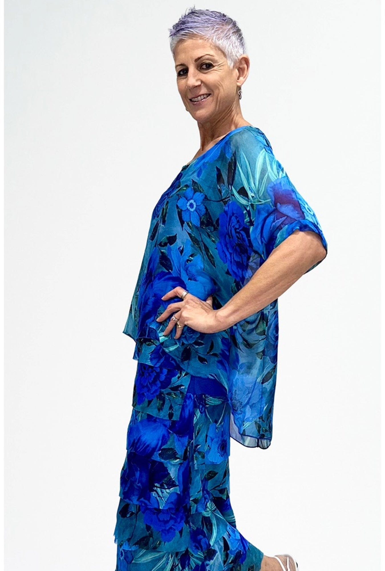 Lois & Co Mid Length Dress Cobalt and Jade Floral Italian Silk Cobalt and Jade Floral Italian Silk