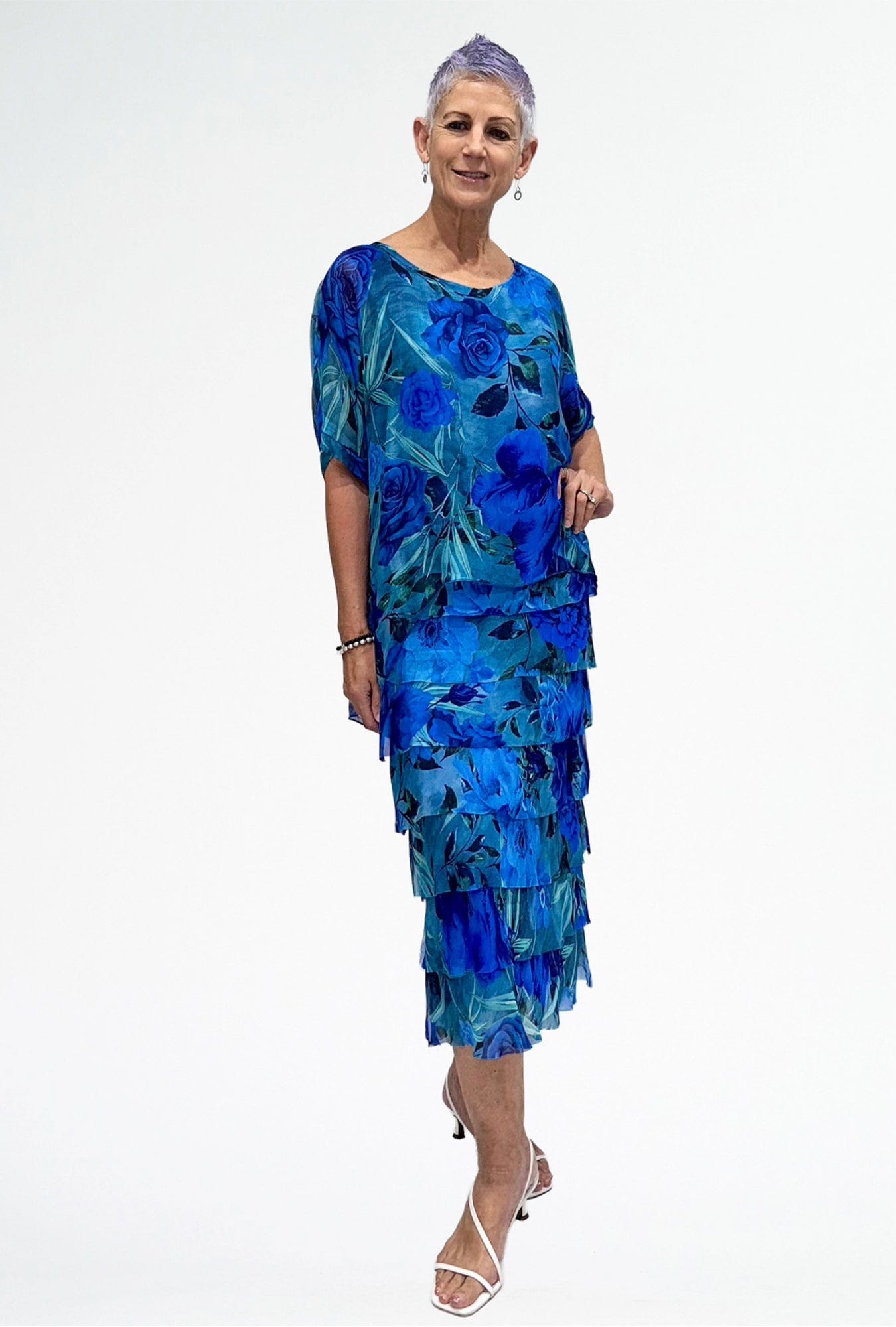 Lois & Co Mid Length Dress Cobalt and Jade Floral Italian Silk Cobalt and Jade Floral Italian Silk