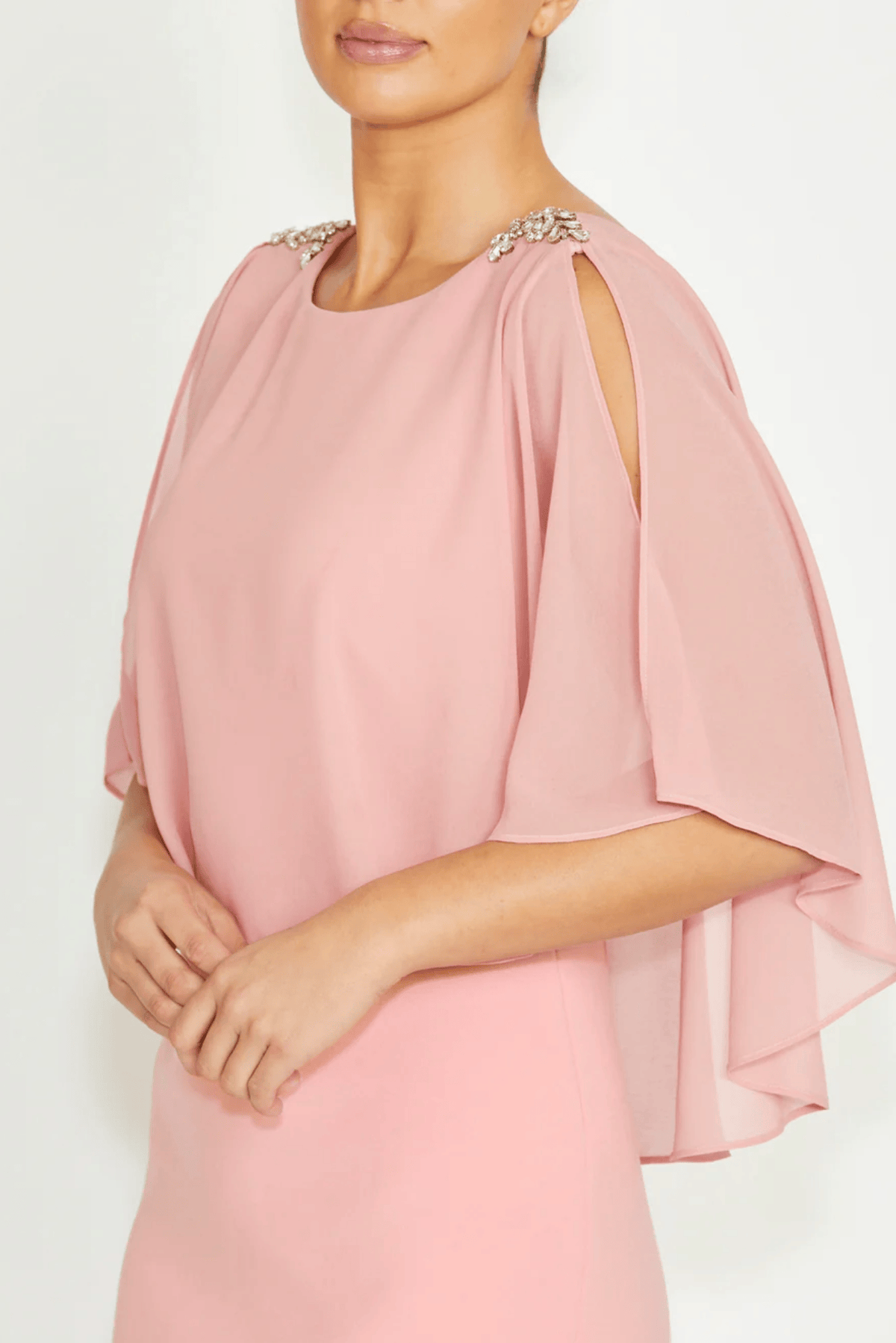 Side top close up Cybill - Blush Pink Sheath with Capelet