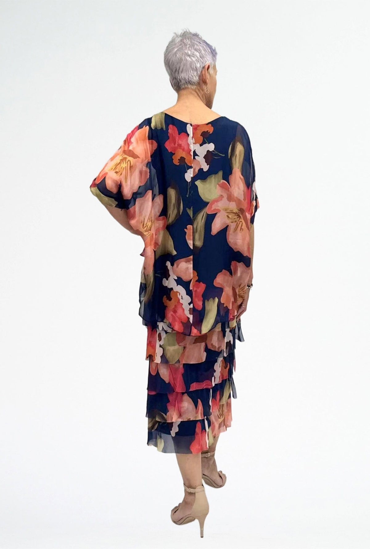 Lois & Co Mid Length Dress Navy and Coral Floral Tiered Italian Silk Navy and Coral Floral Tiered Italian Silk