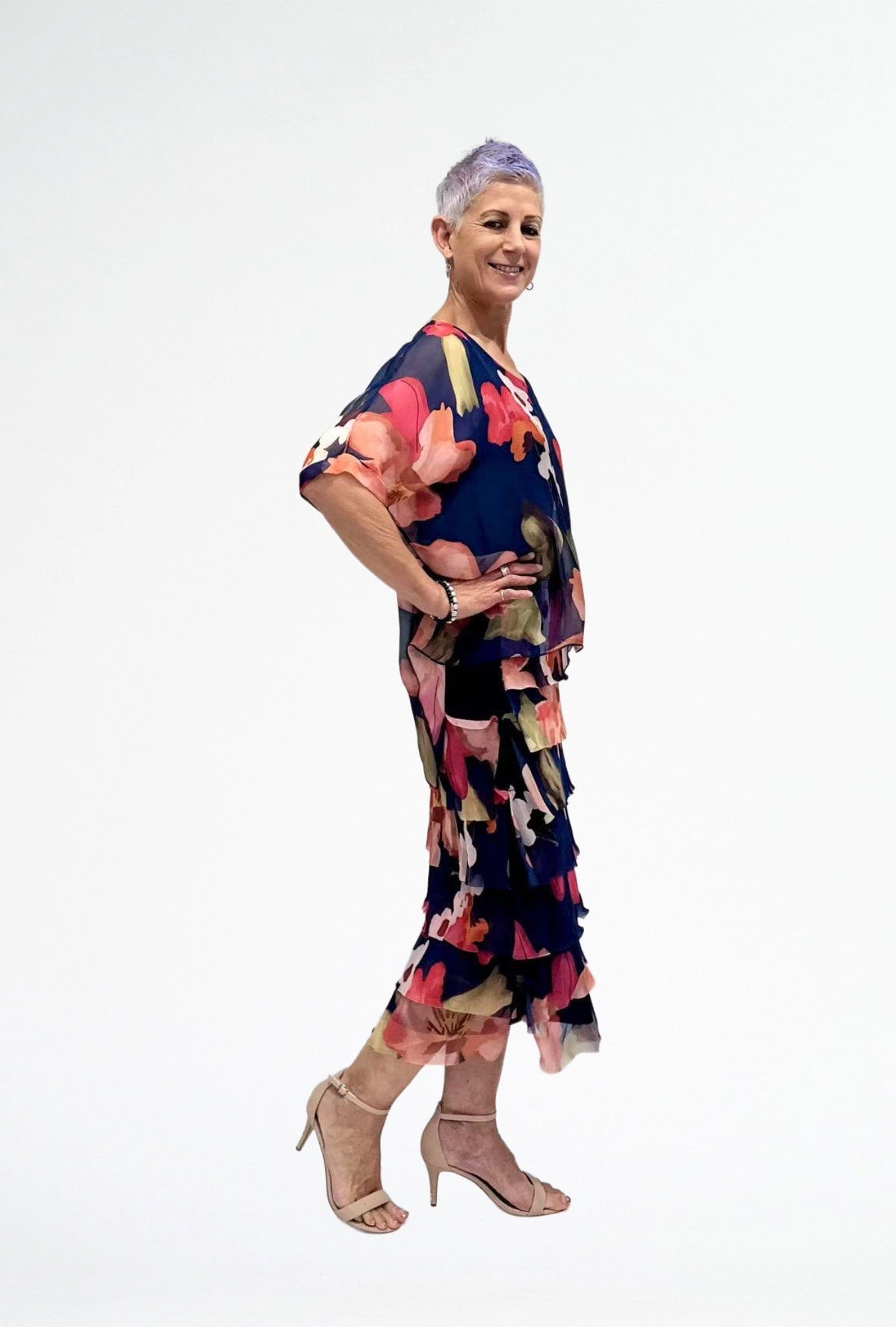 Lois & Co Mid Length Dress Navy and Coral Floral Tiered Italian Silk Navy and Coral Floral Tiered Italian Silk