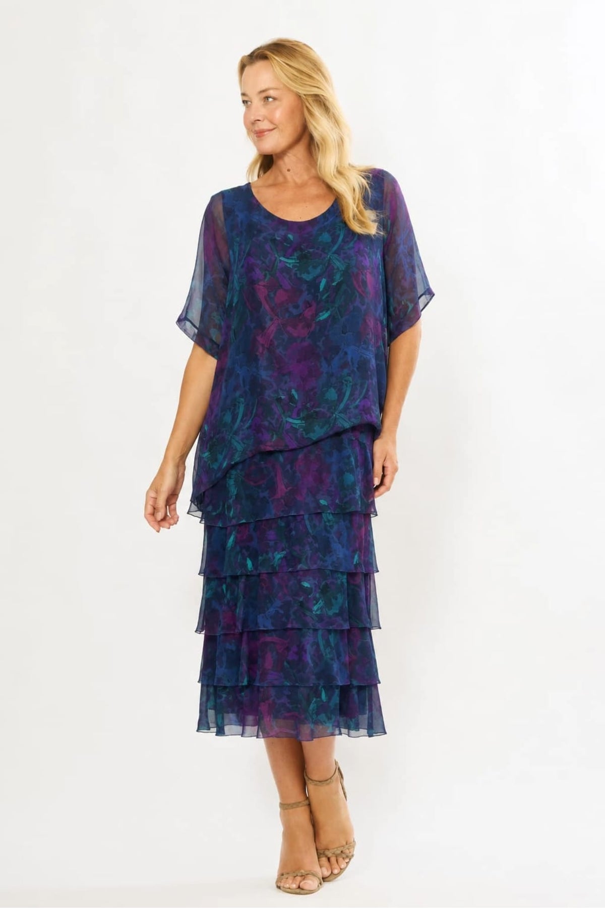 Lois &amp; Co Mid Length Dress Navy Floral Italian Silk Tiered Dress Navy Floral Italian Silk Tiered Dress