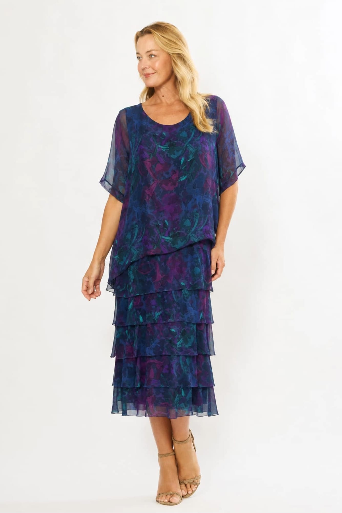 Lois & Co Mid Length Dress Navy Floral Italian Silk Tiered Dress Navy Floral Italian Silk Tiered Dress