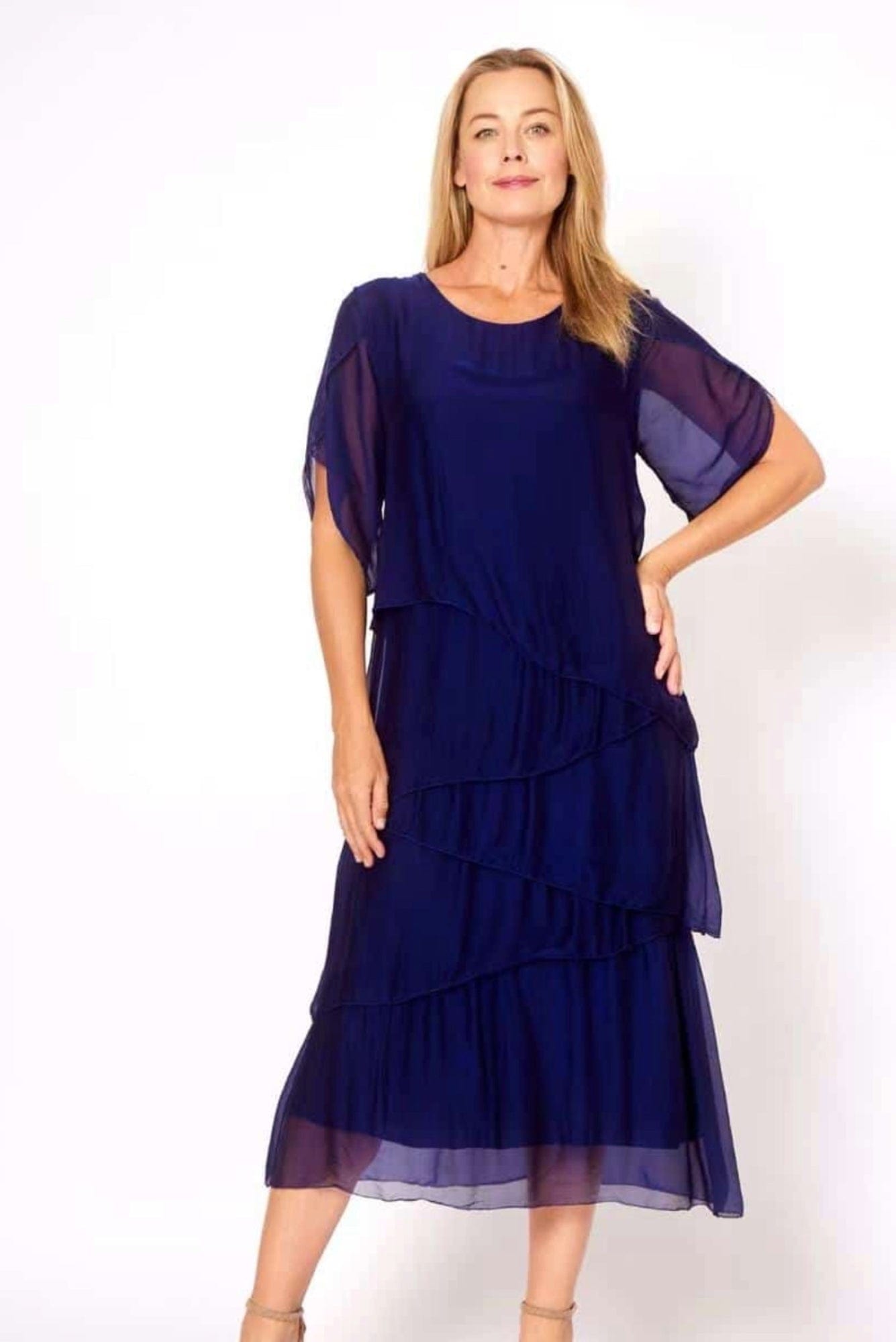 Lois & Co Mid Length Dress Navy Italian Silk Asymmetrical Tiers Navy Italian Silk Asymmetrical Tiers