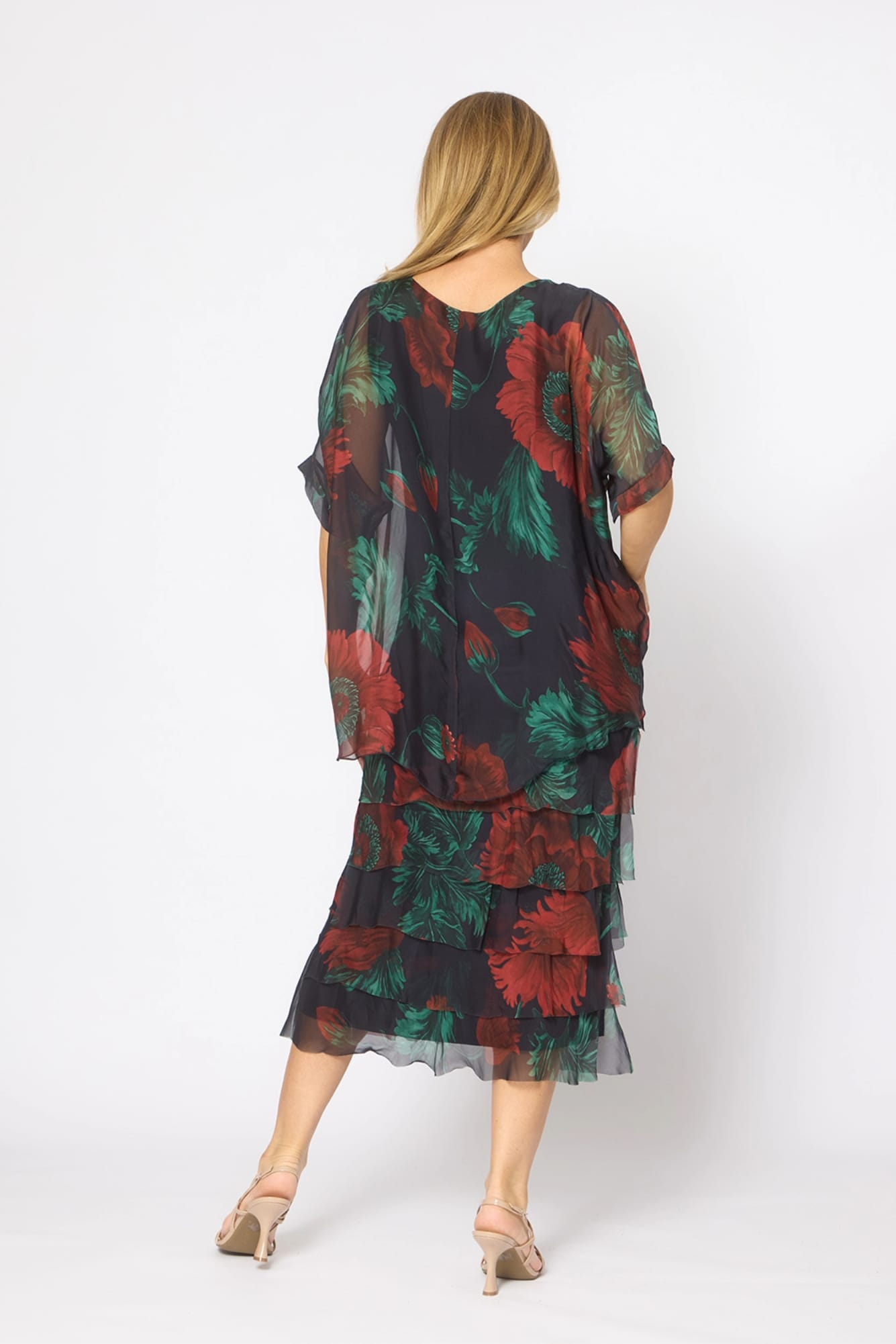 Lois & Co Mid Length Dress Navy with Red and Green Floral Silk Navy with Red and Green Floral Silk