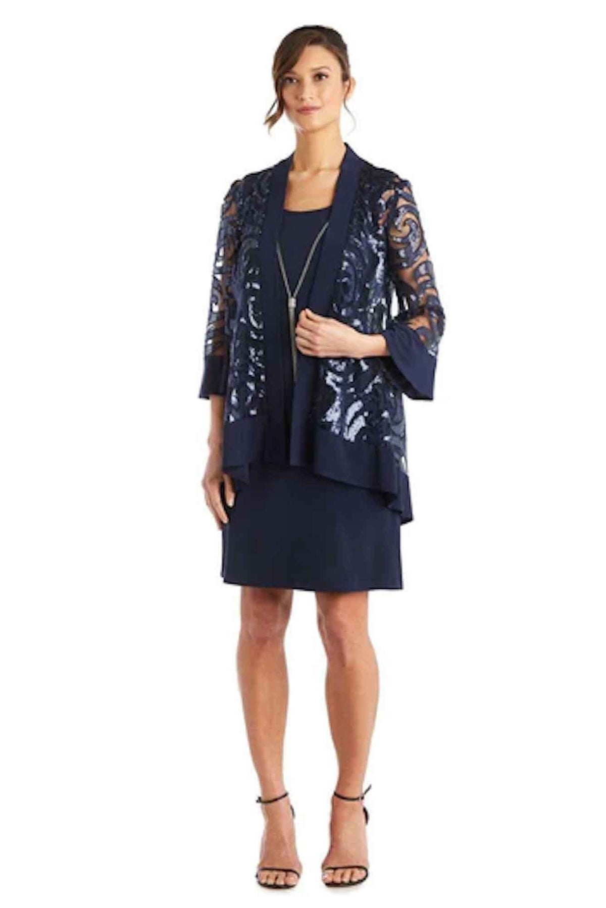 Lois &amp; Co Navy Knit Dress with Matching Embellished Waterfall Jacket.  Front View.