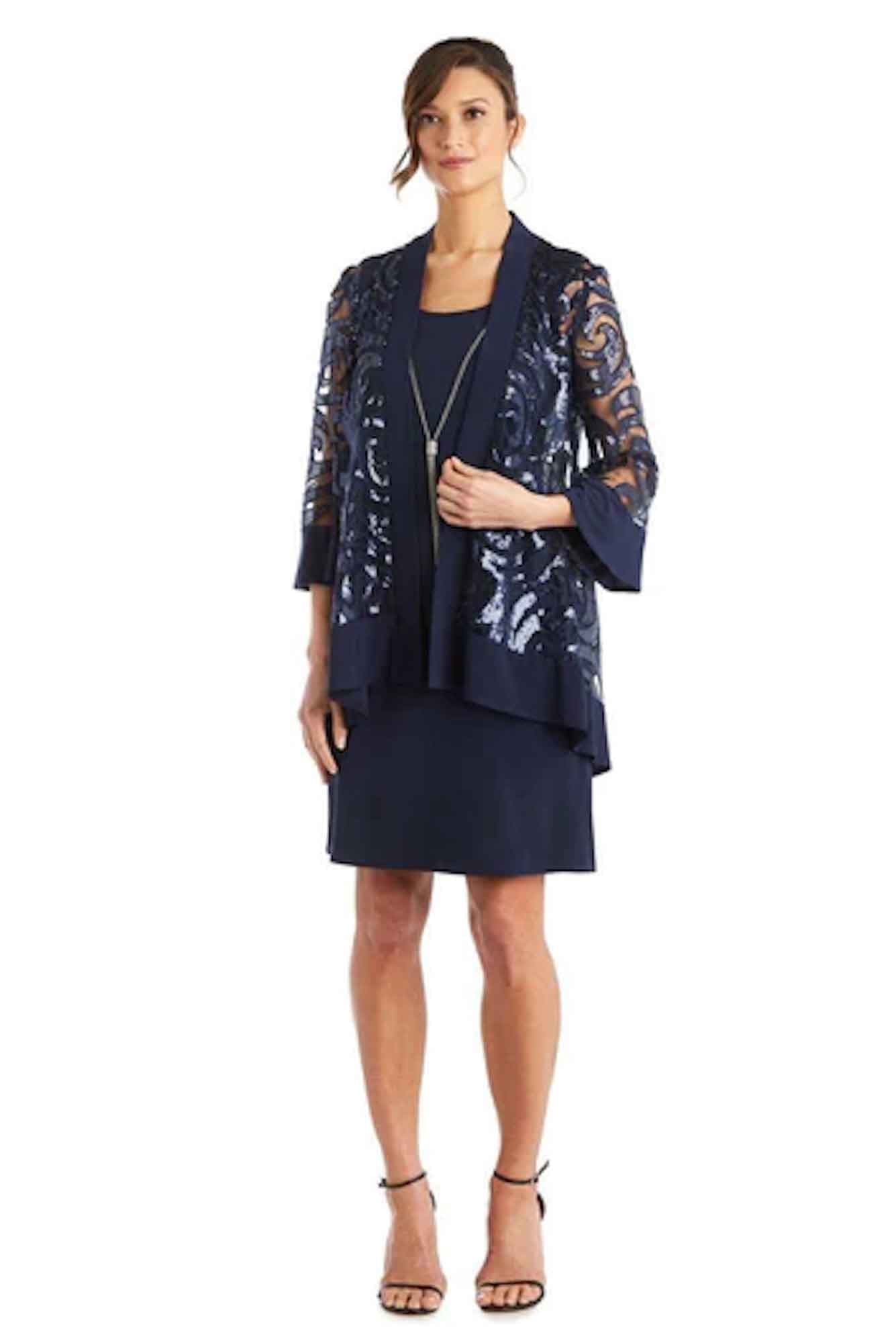 Lois & Co Navy Knit Dress with Matching Embellished Waterfall Jacket.  Front View.